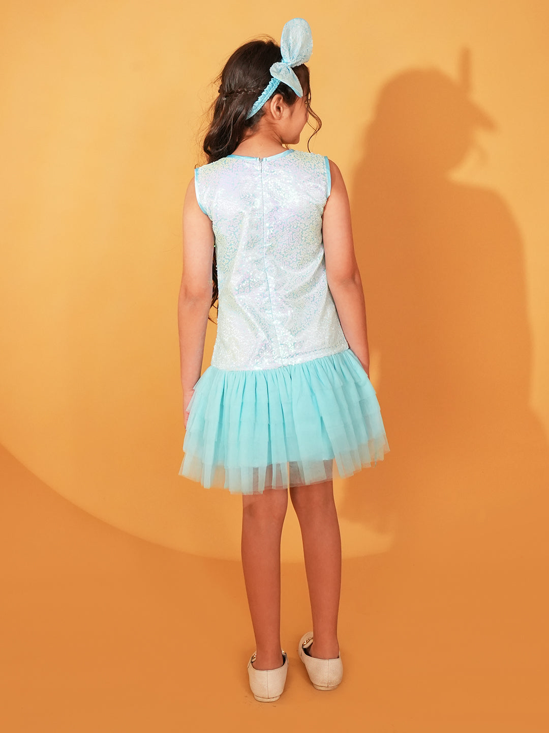 Sky-blue Sequins and Mesh Party Wear Frock For Girls with Hairband