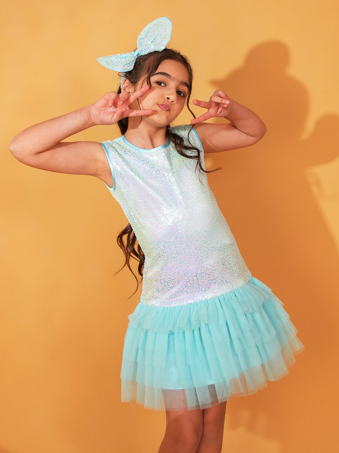 Sky-blue Sequins and Mesh Party Wear Frock For Girls with Hairband
