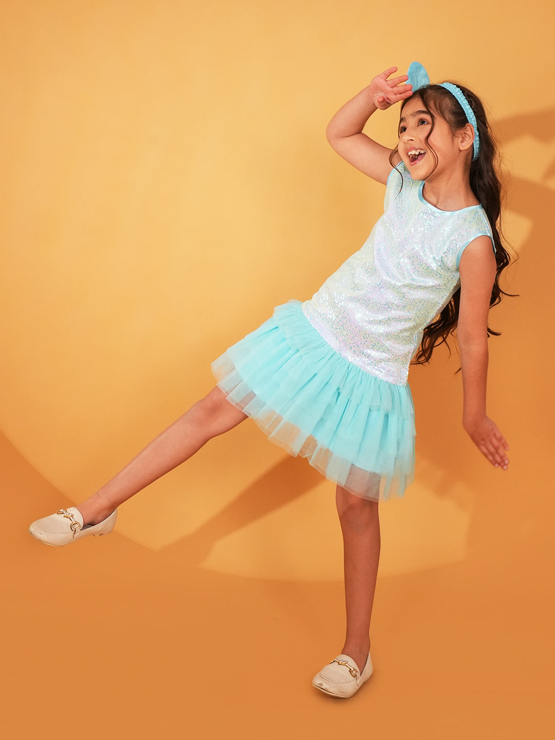 Sky-blue Sequins and Mesh Party Wear Frock For Girls with Hairband