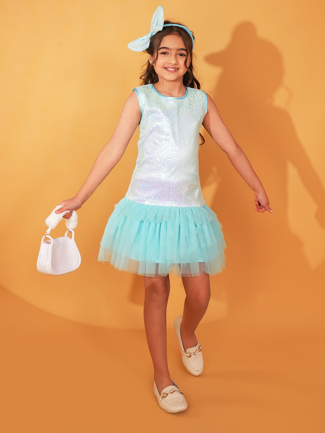 Sky-blue Sequins and Mesh Party Wear Frock For Girls with Hairband