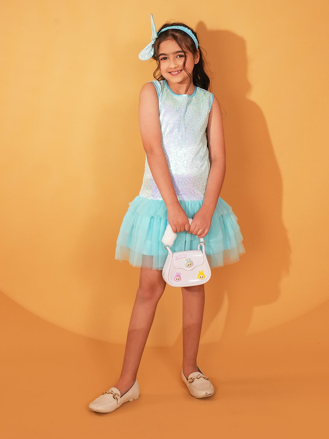 Sky-blue Sequins and Mesh Party Wear Frock For Girls with Hairband