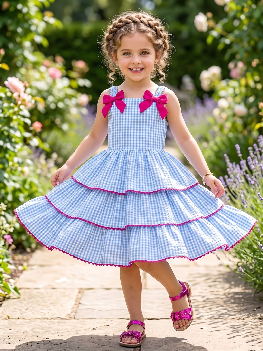 Sky Blue Checks Print Cotton Frocks For Girls