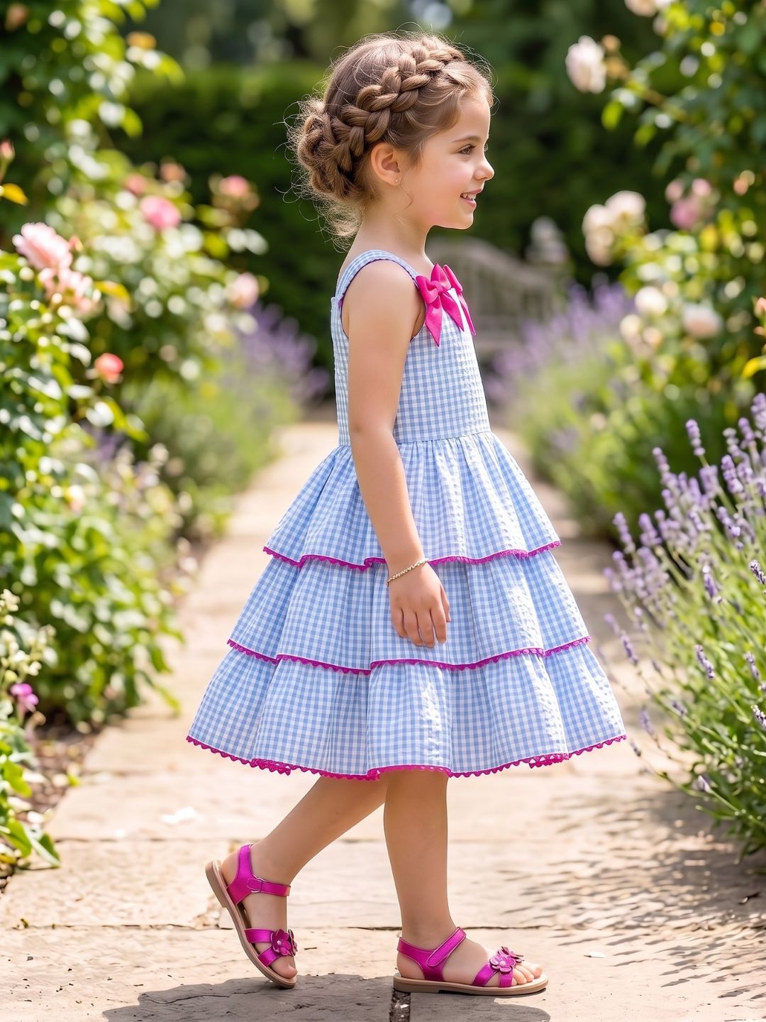 Sky Blue Checks Print Cotton Frocks For Girls