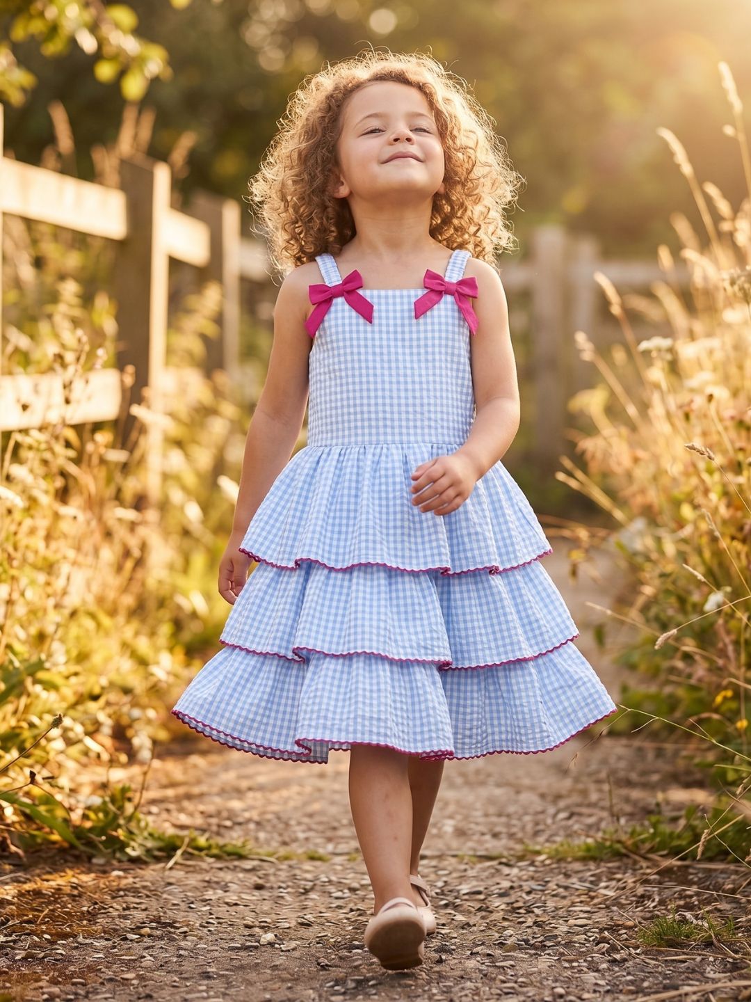 Sky Blue Checks Print Cotton Frocks For Girls