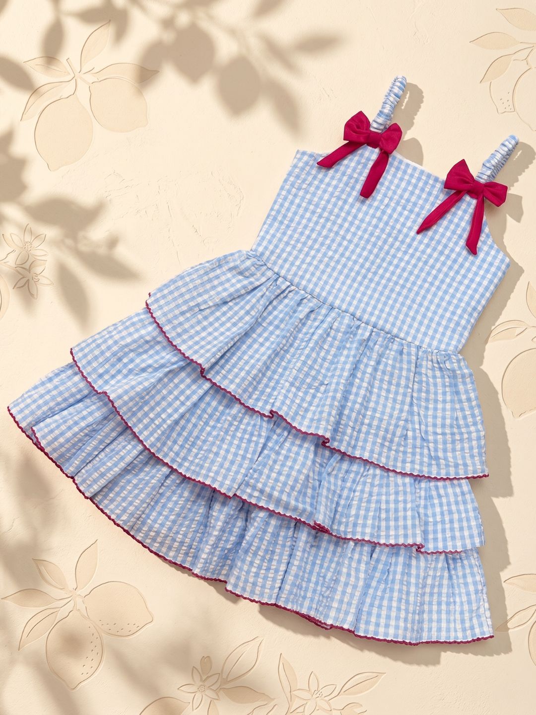 Sky Blue Checks Print Cotton Frocks For Girls