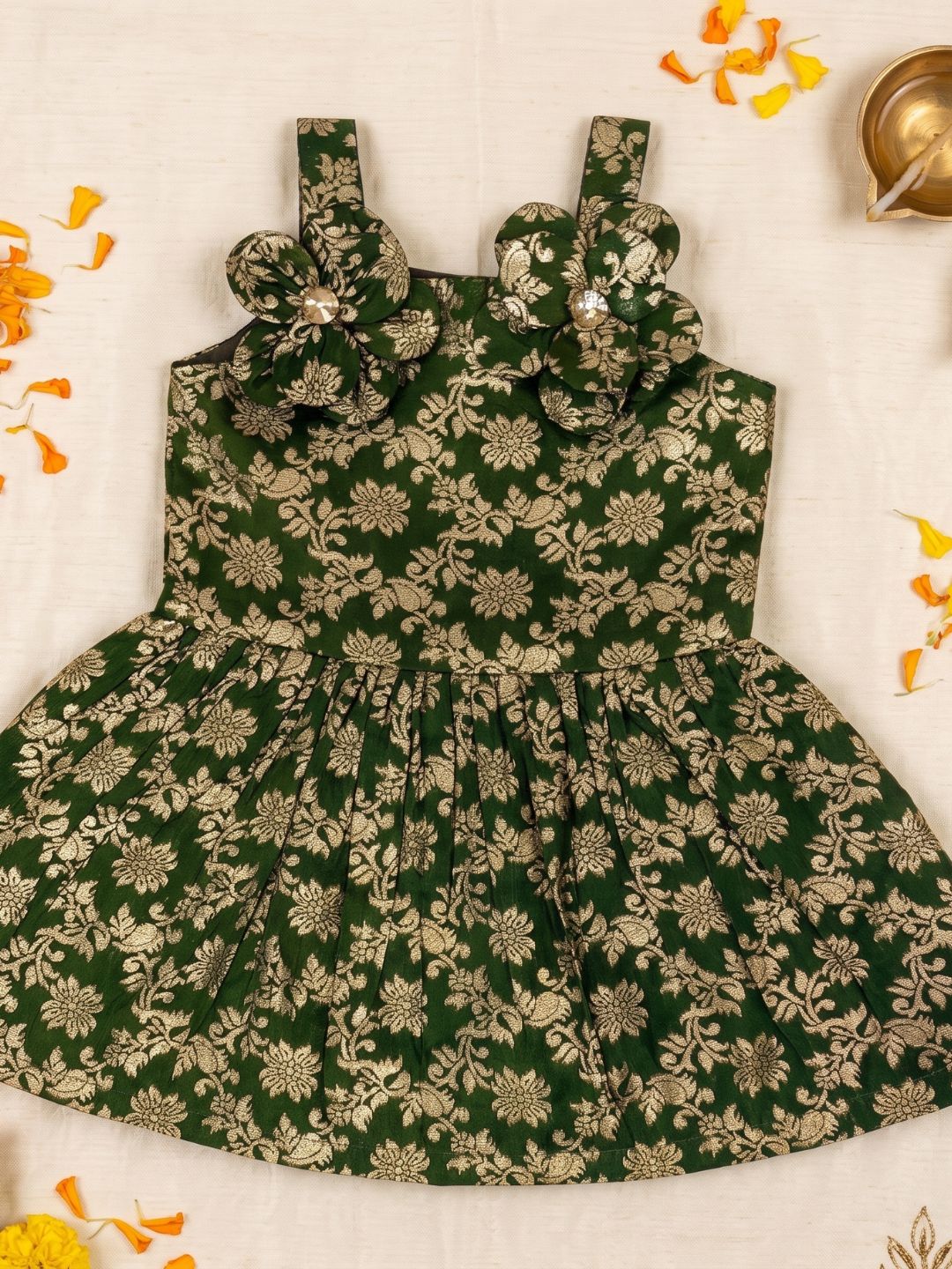AJ Dezines Green Floral Embroidery Brocade Frocks For Girls