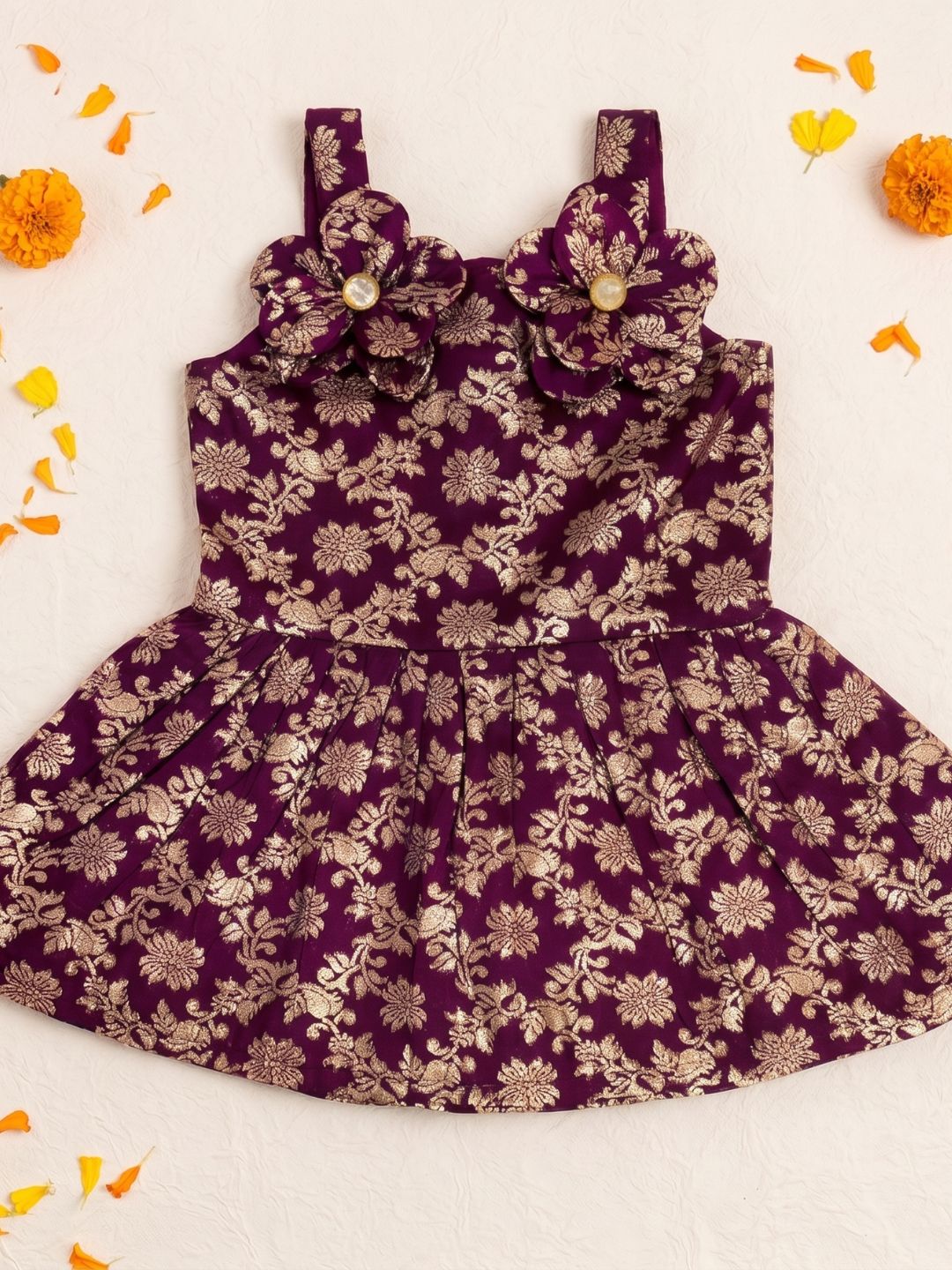 AJ Dezines Purple Floral Embroidery Brocade Frocks For Girls