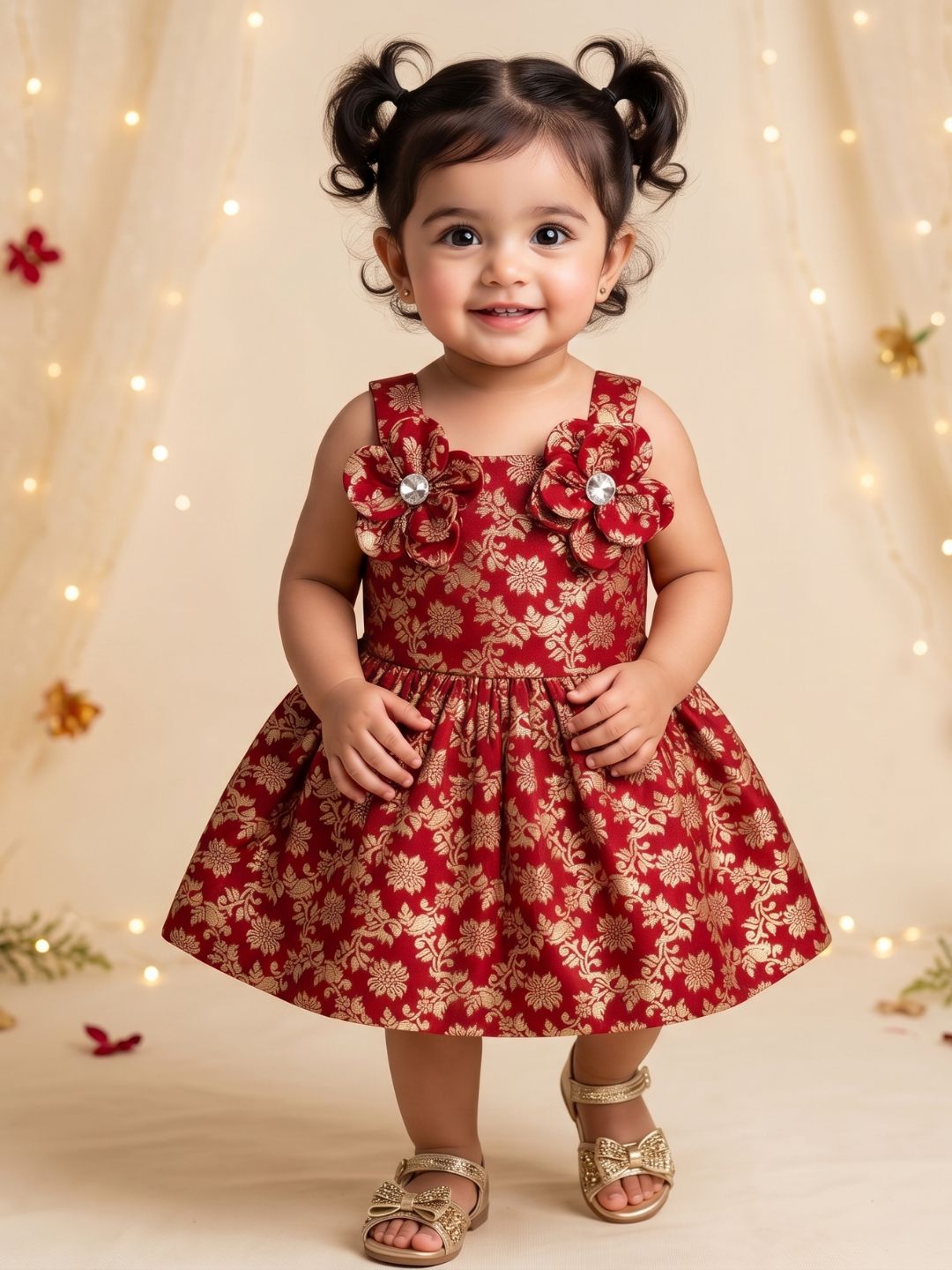 AJ Dezines Red Floral Embroidery Brocade Frocks For Girls