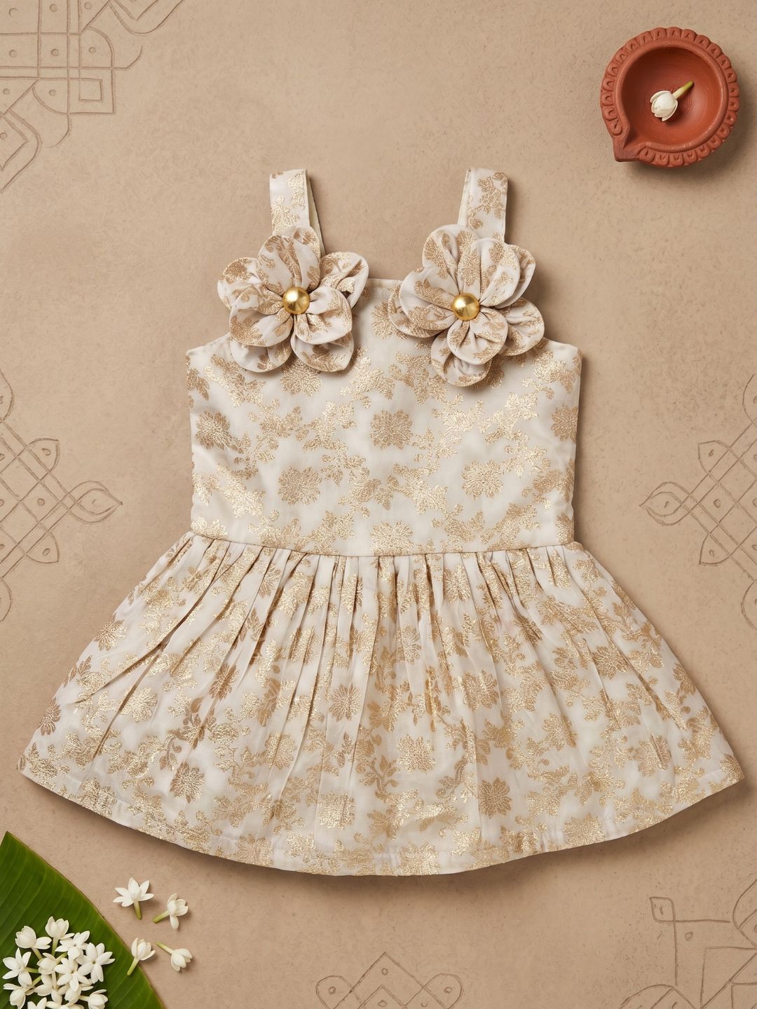 AJ Dezines White Floral Embroidery Brocade Frocks For Girls