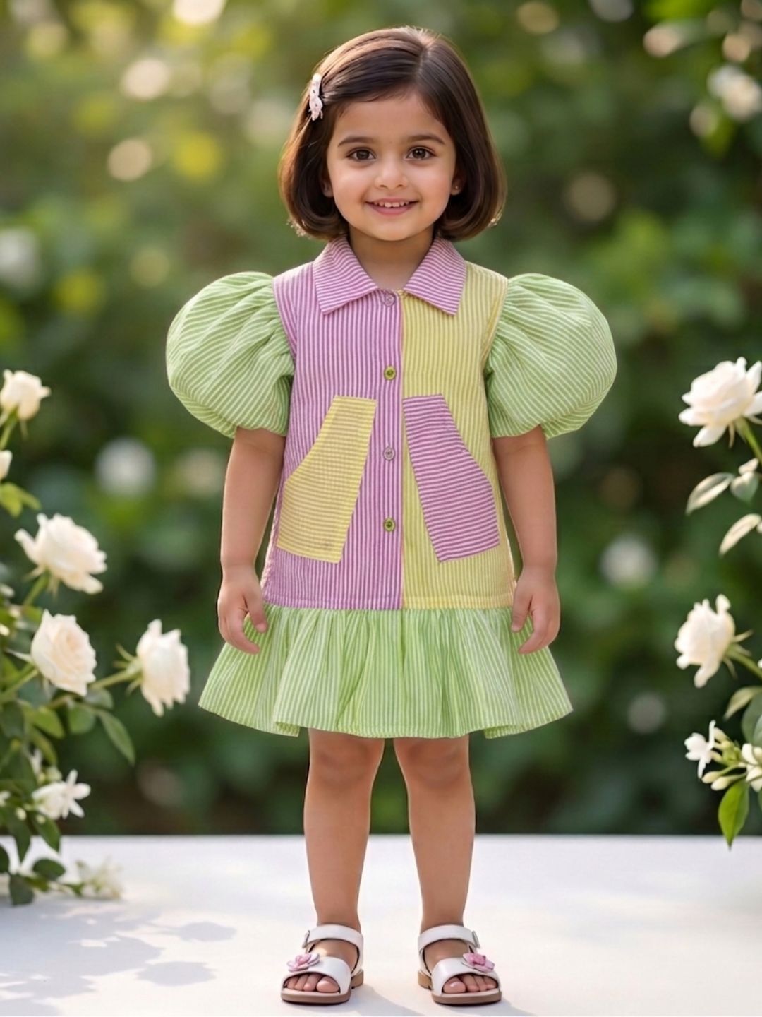 Green Stripe Cotton Blend Casual Wear Sibling Set for Kids | Matching Brother & Sister Outfit