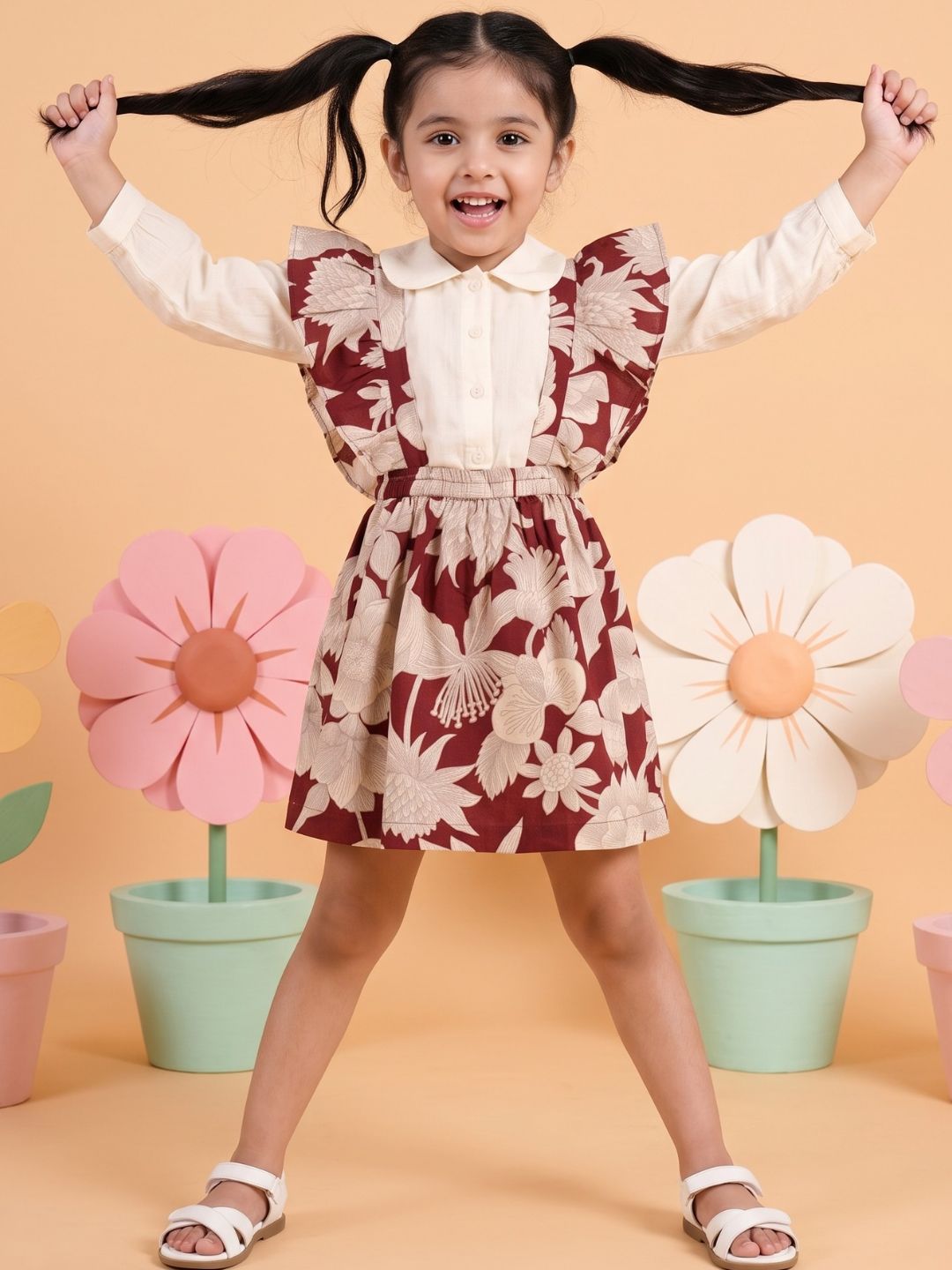 Maroon Floral Pure Cotton Pinafore Dress For Girls