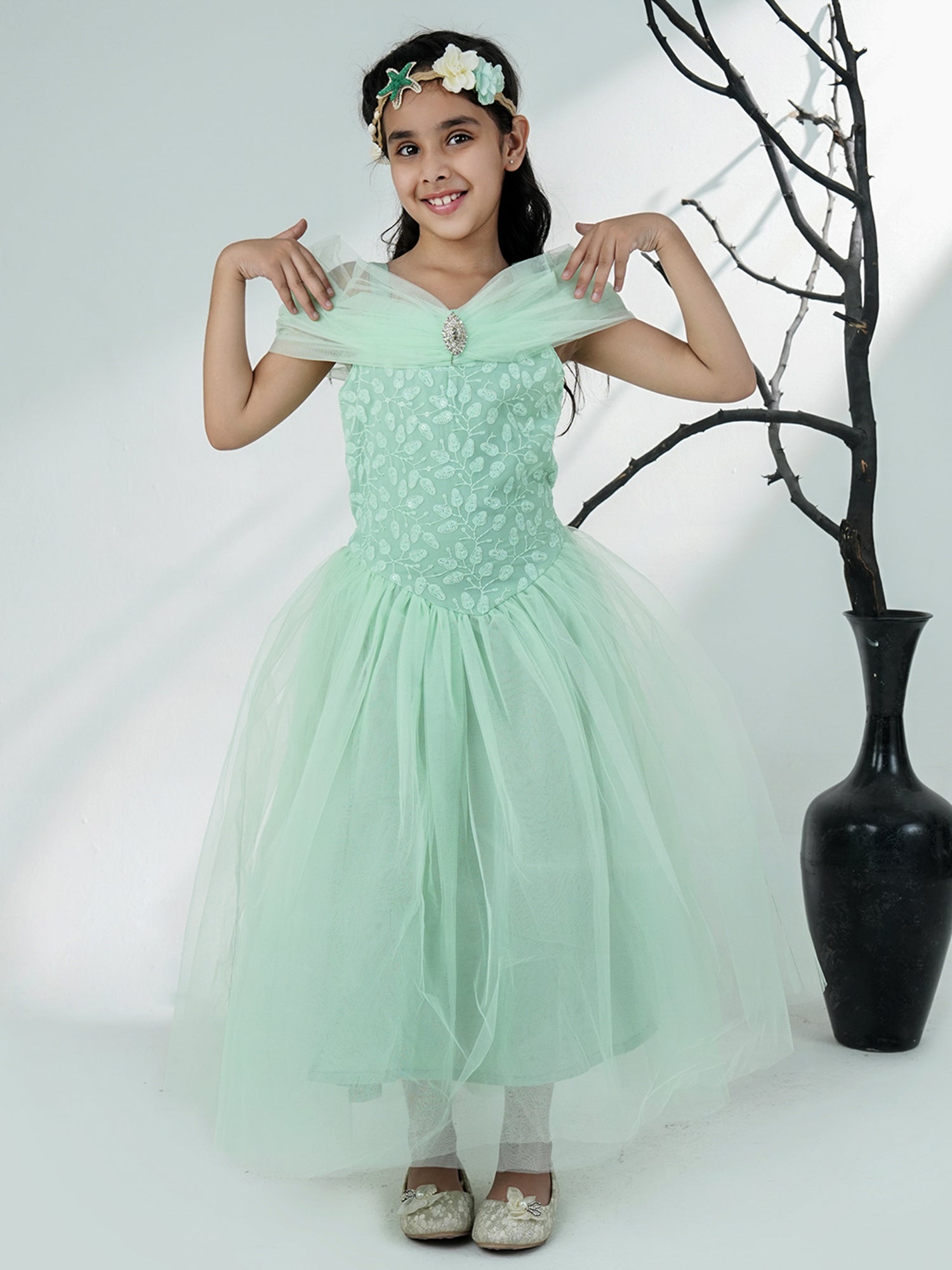 Sea Green Net Sleeveless Embroidered Gown with Brooch - AJ Dezines