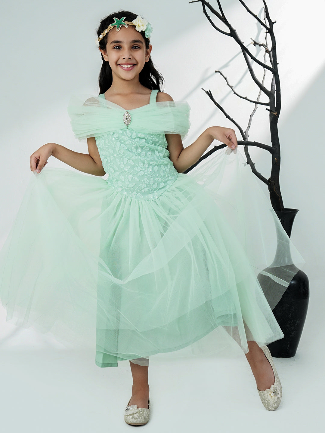 Sea Green Net Sleeveless Embroidered Gown with Brooch - AJ Dezines