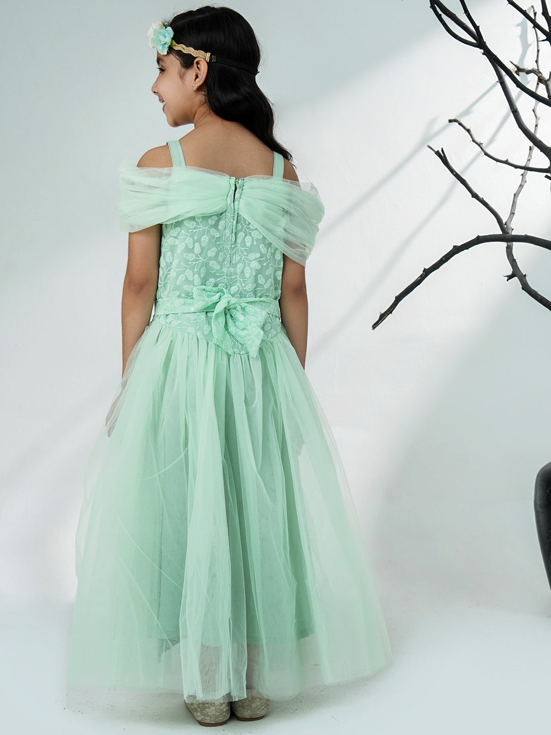 Sea Green Net Sleeveless Embroidered Gown with Brooch - AJ Dezines