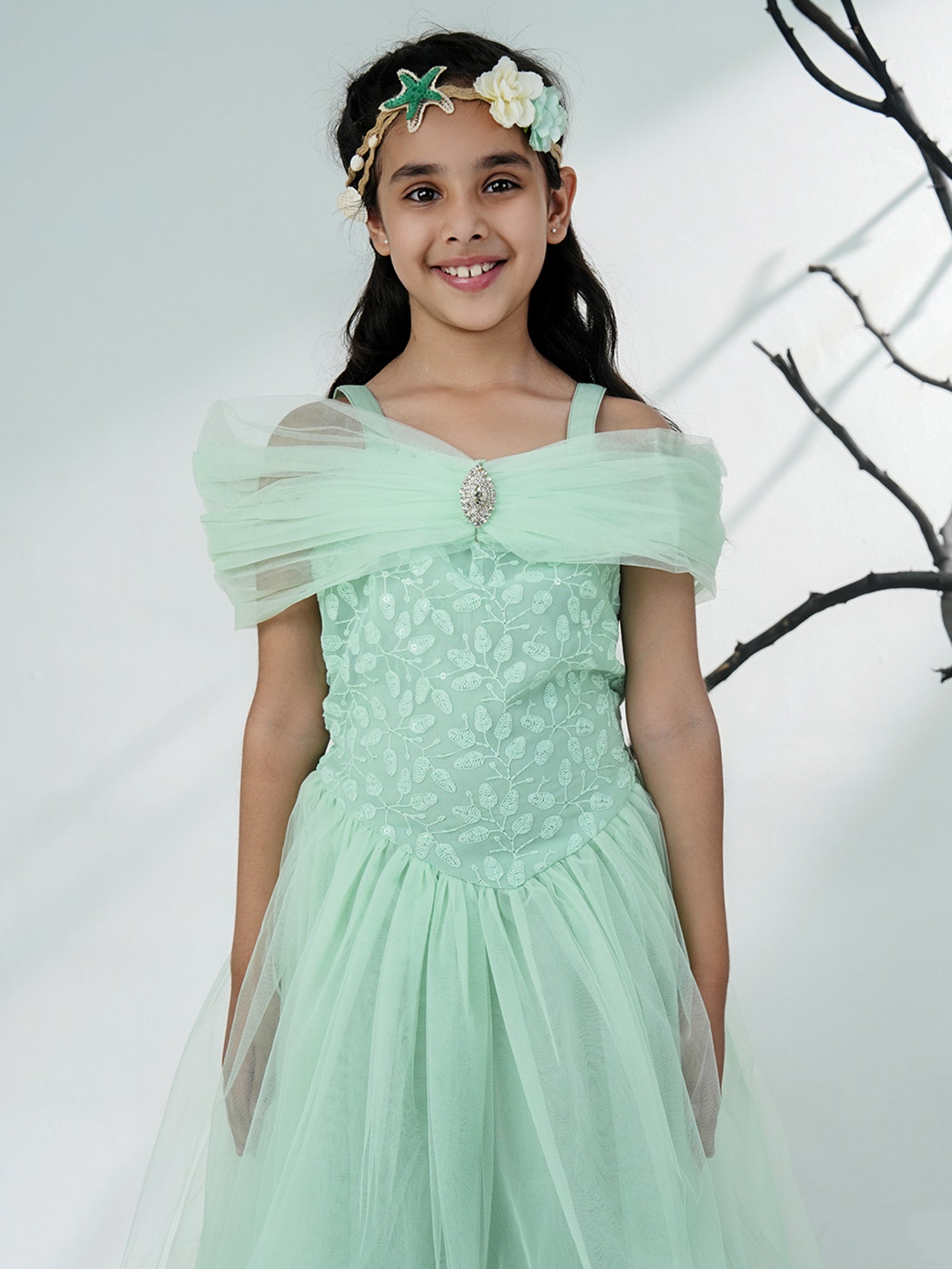 Sea Green Net Sleeveless Embroidered Gown with Brooch - AJ Dezines