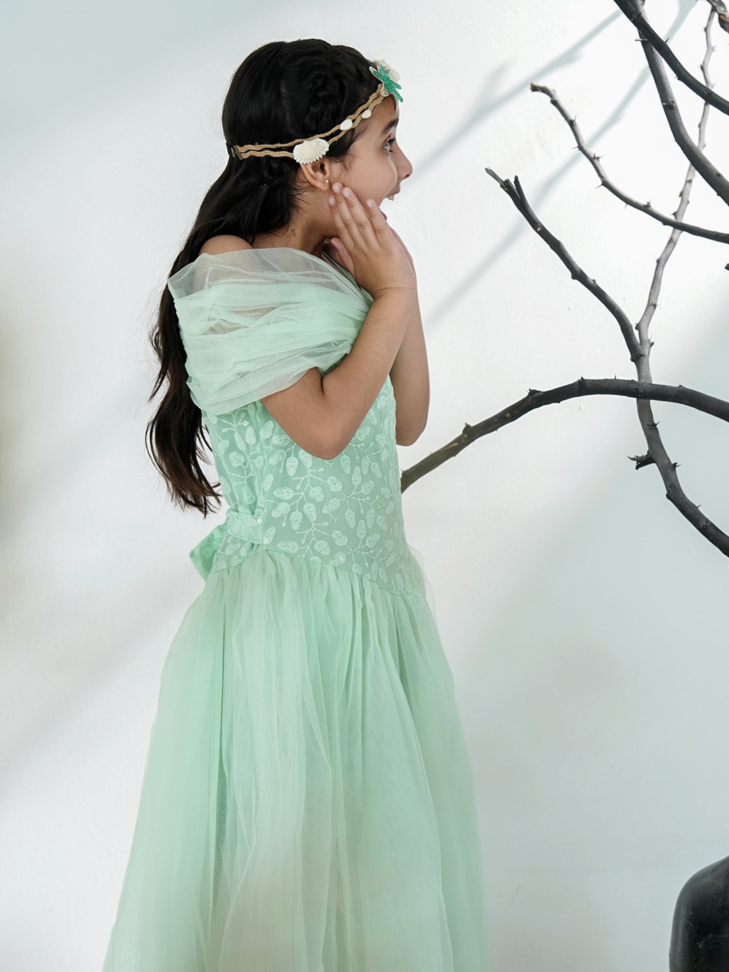 Sea Green Net Sleeveless Embroidered Gown with Brooch - AJ Dezines