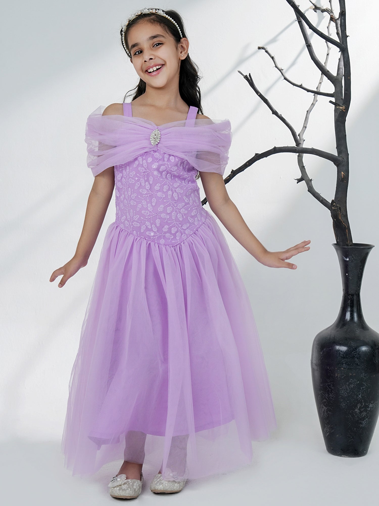 Lavender Net Sleeveless Embroidered Gown with Brooch - AJ Dezines