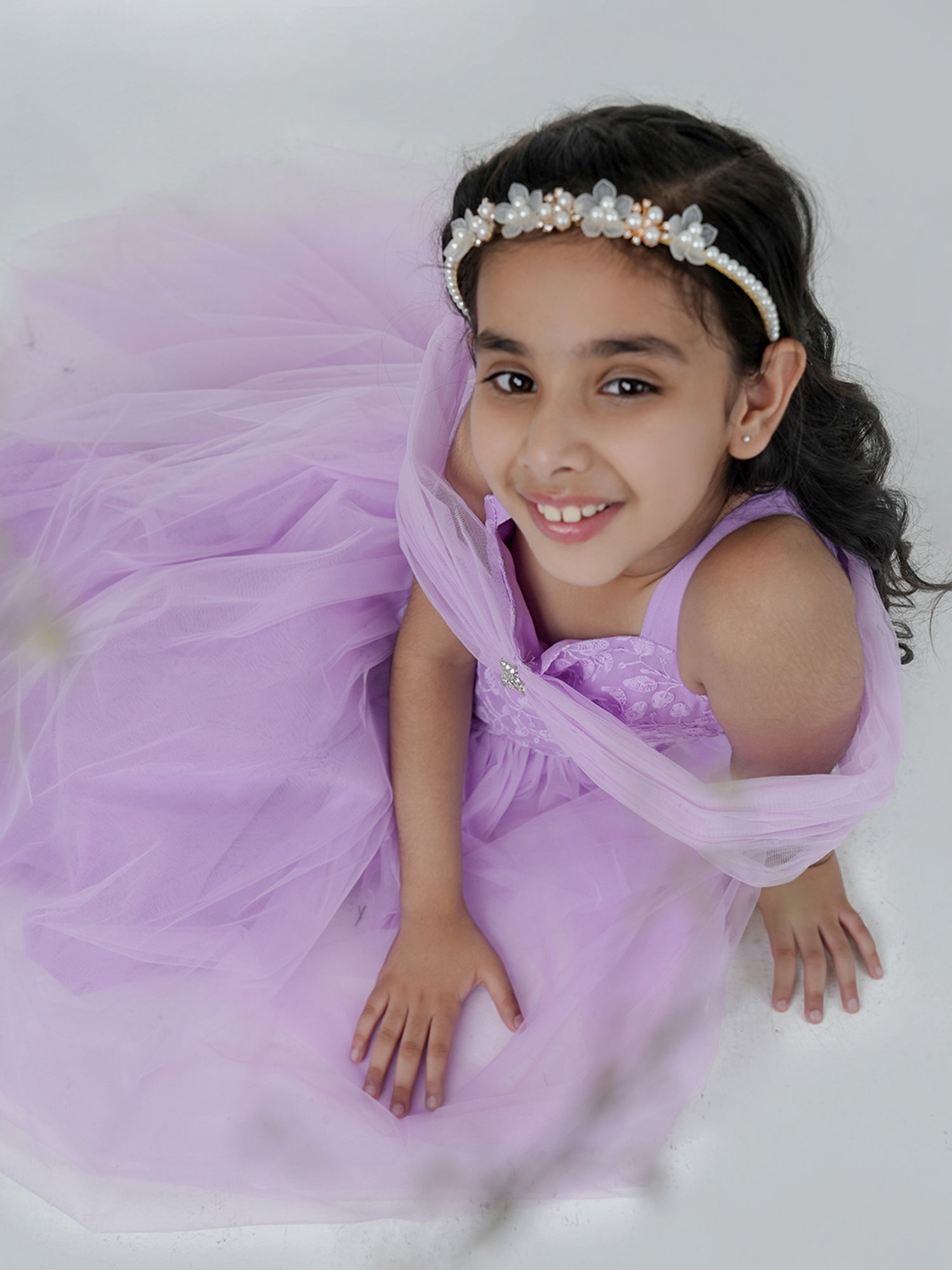 Lavender Net Sleeveless Embroidered Gown with Brooch - AJ Dezines
