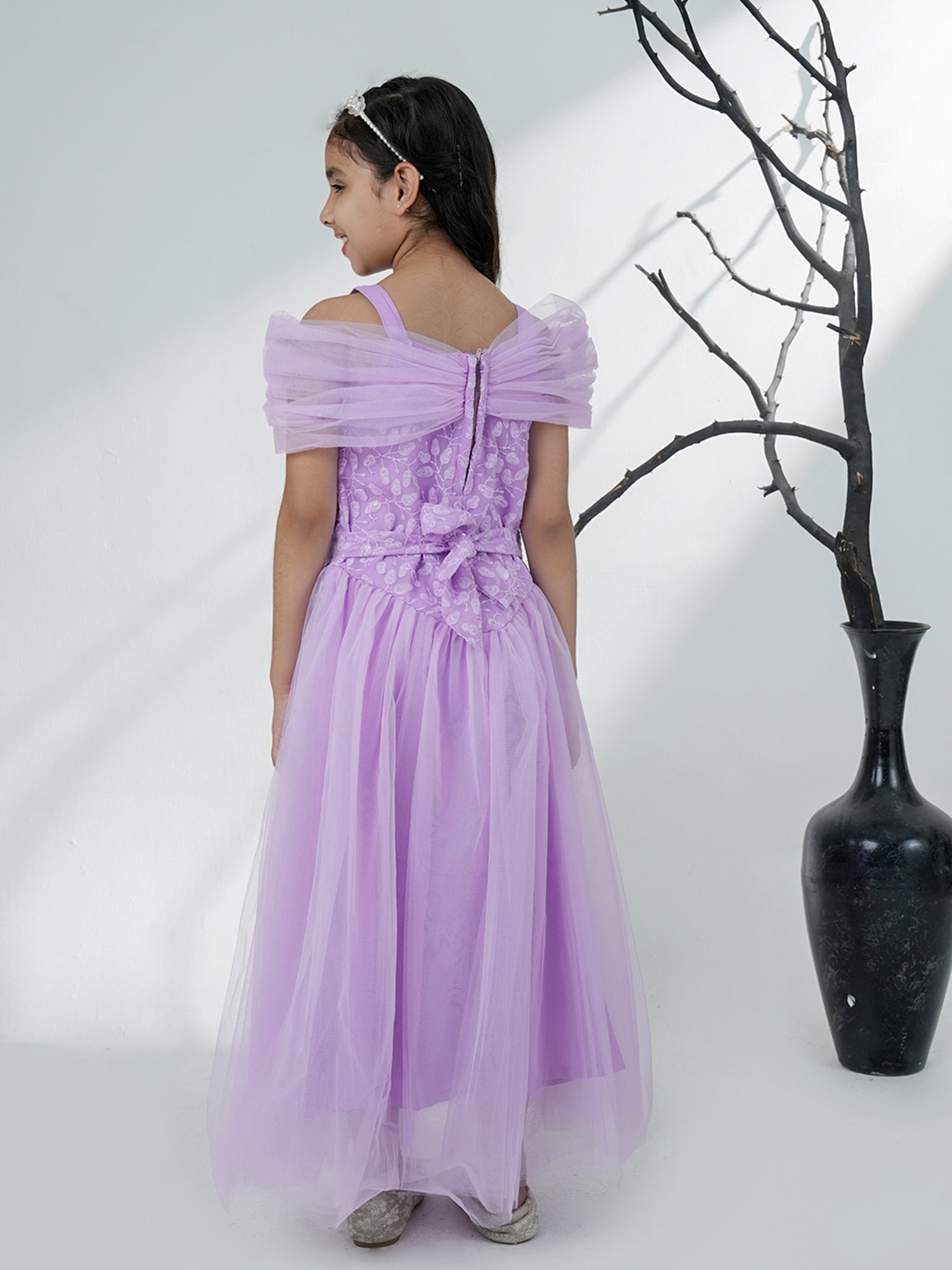 Lavender Net Sleeveless Embroidered Gown with Brooch - AJ Dezines