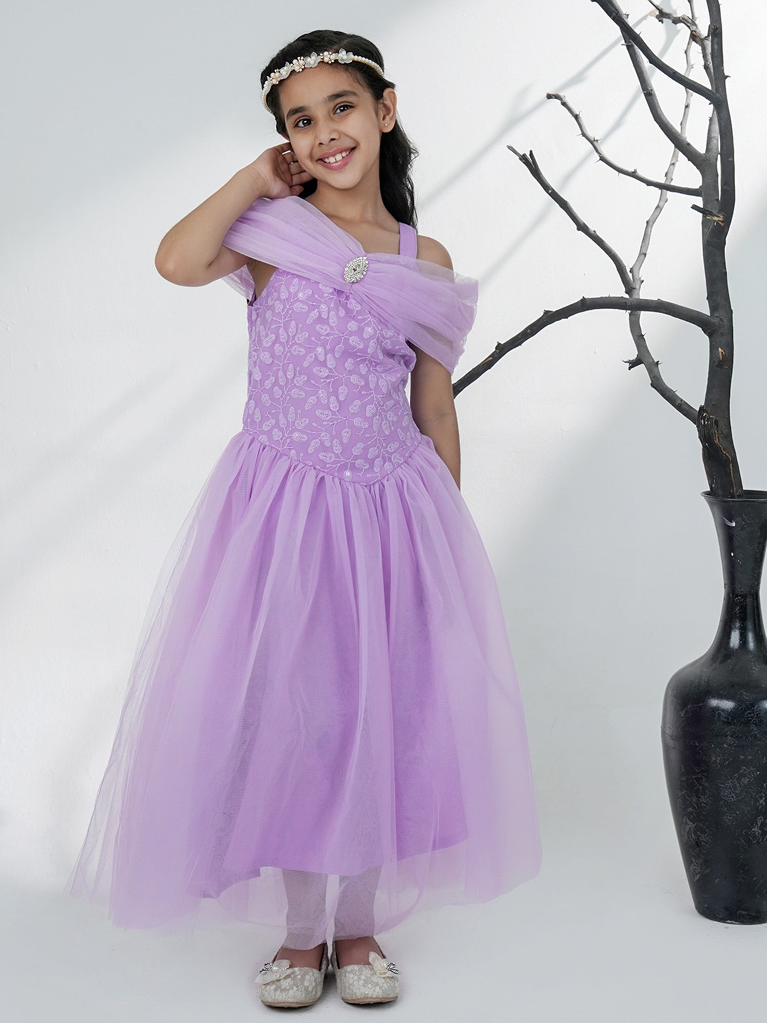 Lavender Net Sleeveless Embroidered Gown with Brooch - AJ Dezines