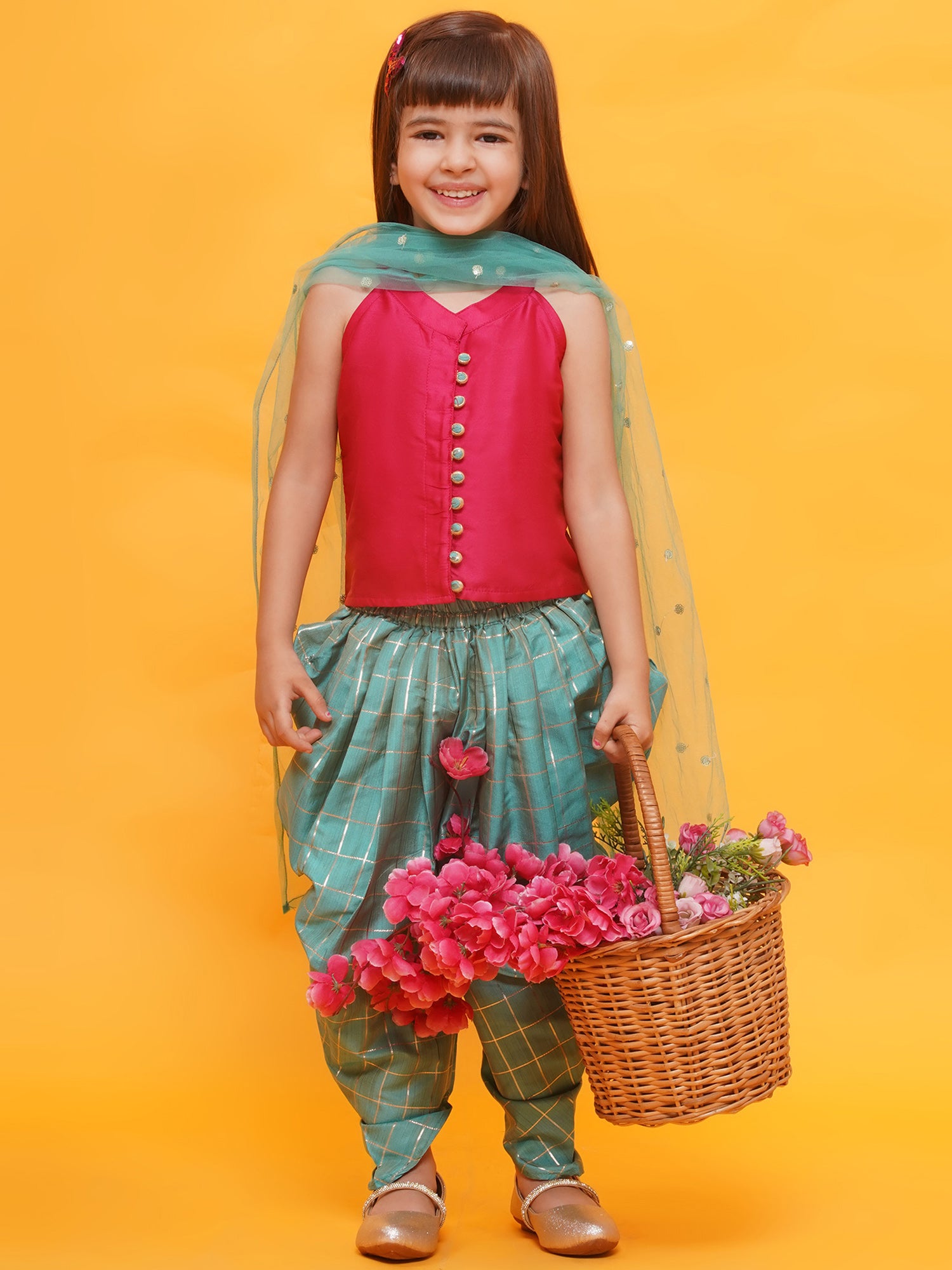 Dark Pink-Blue Shinny Silk Blend Sleeveless Check Pattern Print Indo Western For Girls - AJ Dezines