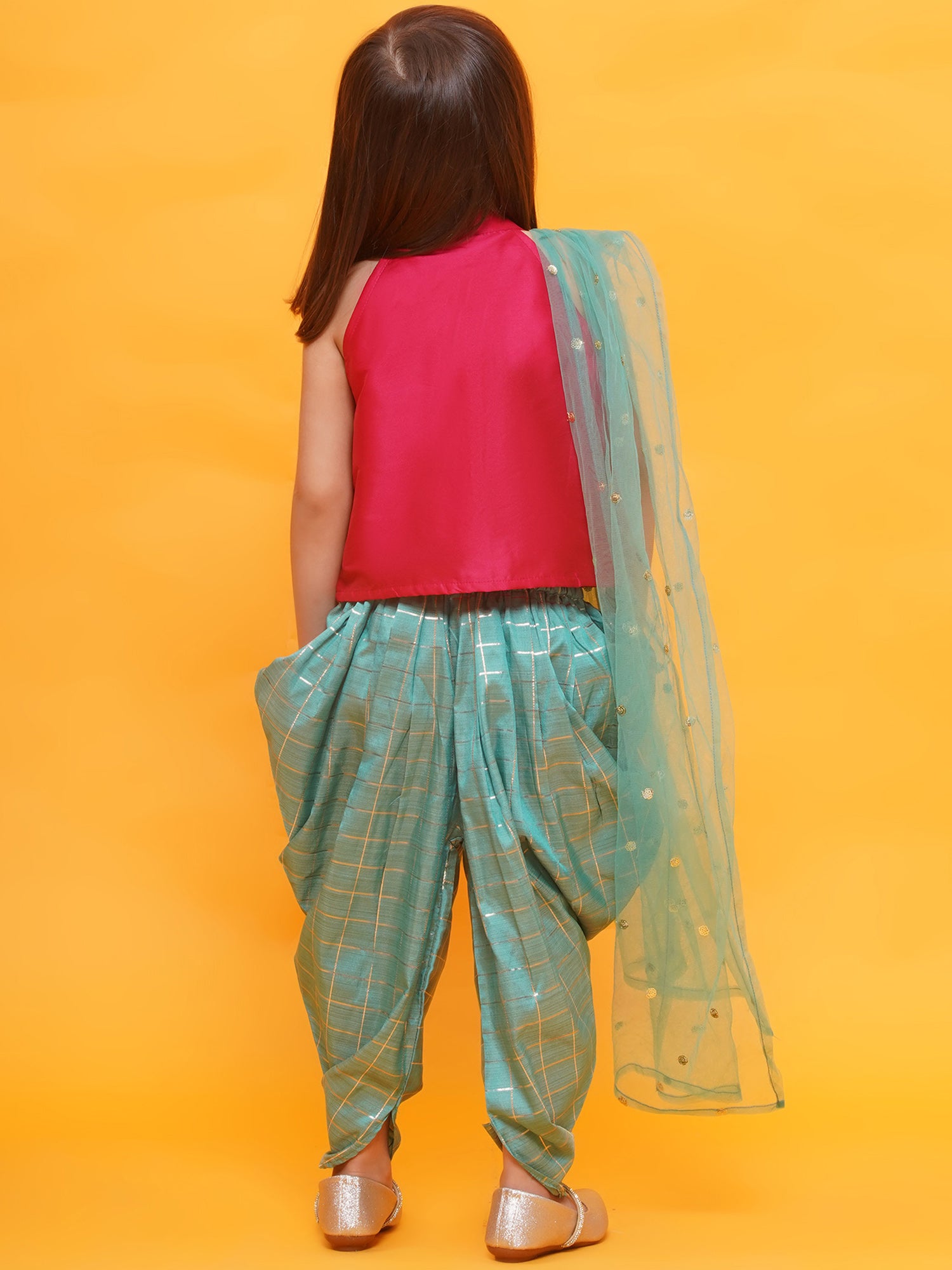 Dark Pink-Blue Shinny Silk Blend Sleeveless Check Pattern Print Indo Western For Girls - AJ Dezines