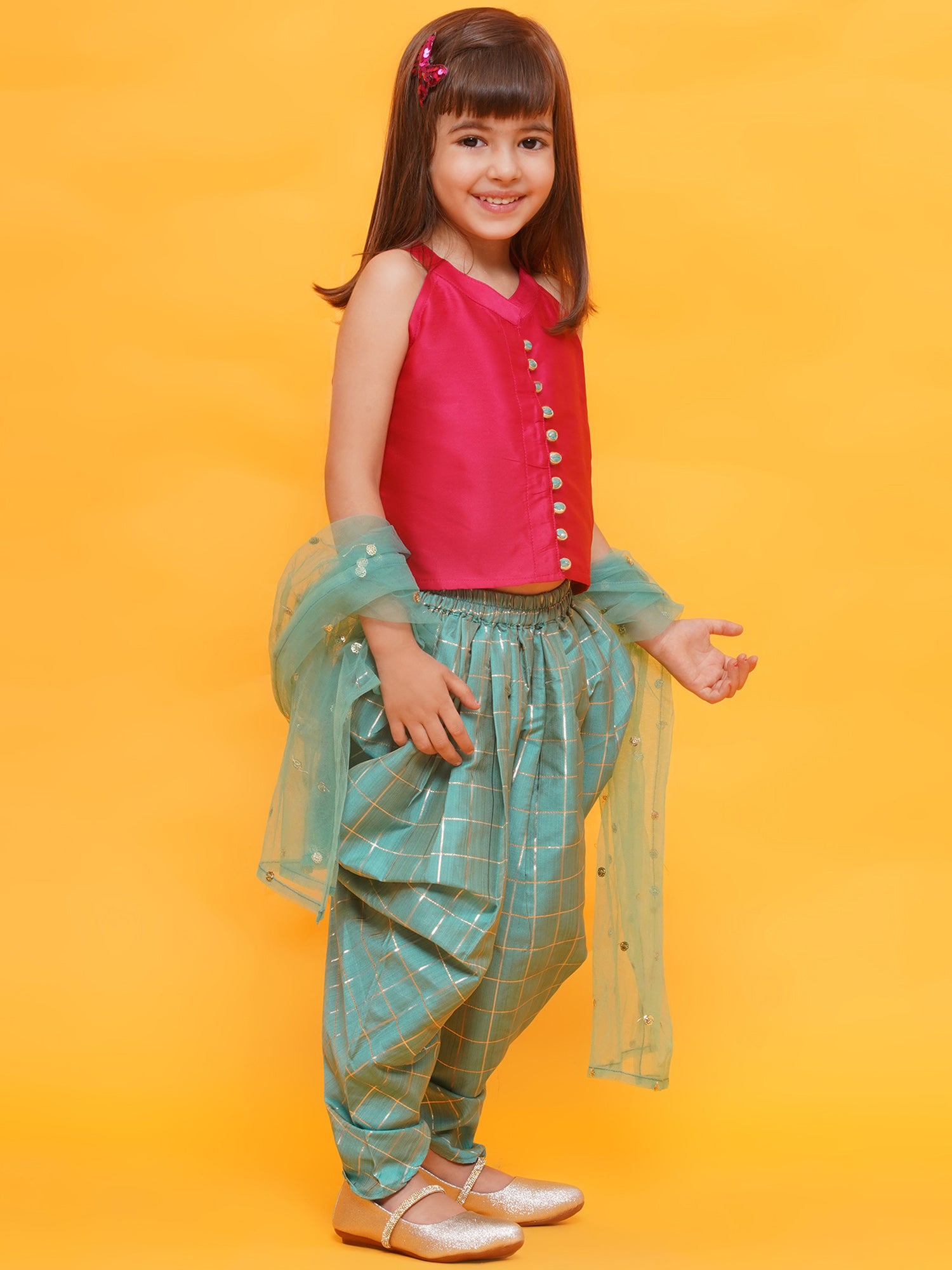 Dark Pink-Blue Shinny Silk Blend Sleeveless Check Pattern Print Indo Western For Girls - AJ Dezines
