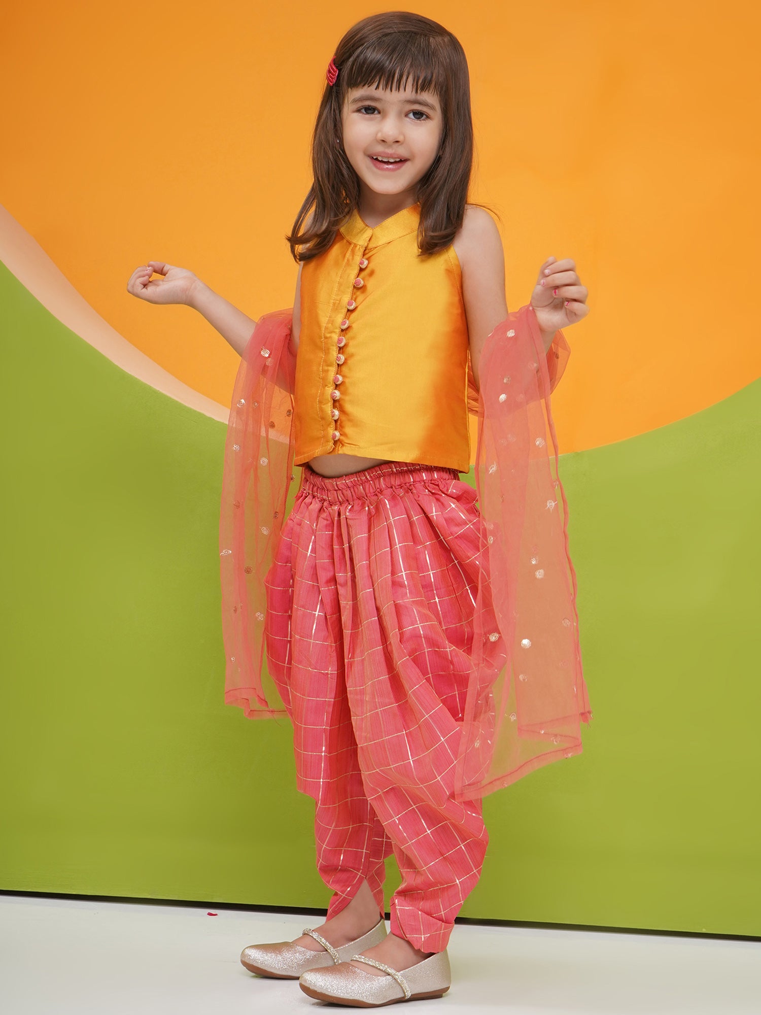 Mustard-Pink Silk Blend Sleeveless Check Pattern Print Indo Western For Girls - AJ Dezines