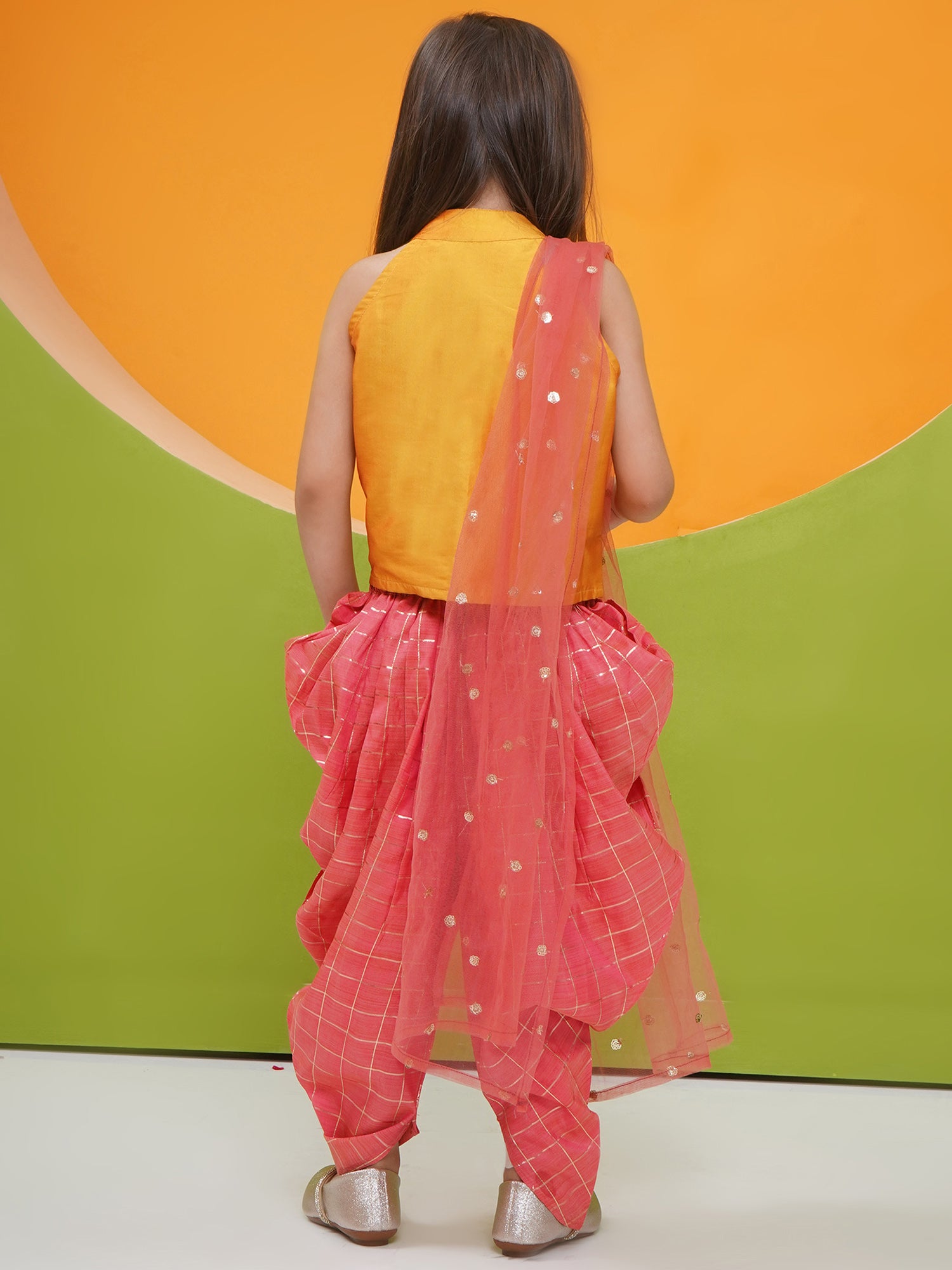 Mustard-Pink Silk Blend Sleeveless Check Pattern Print Indo Western For Girls - AJ Dezines