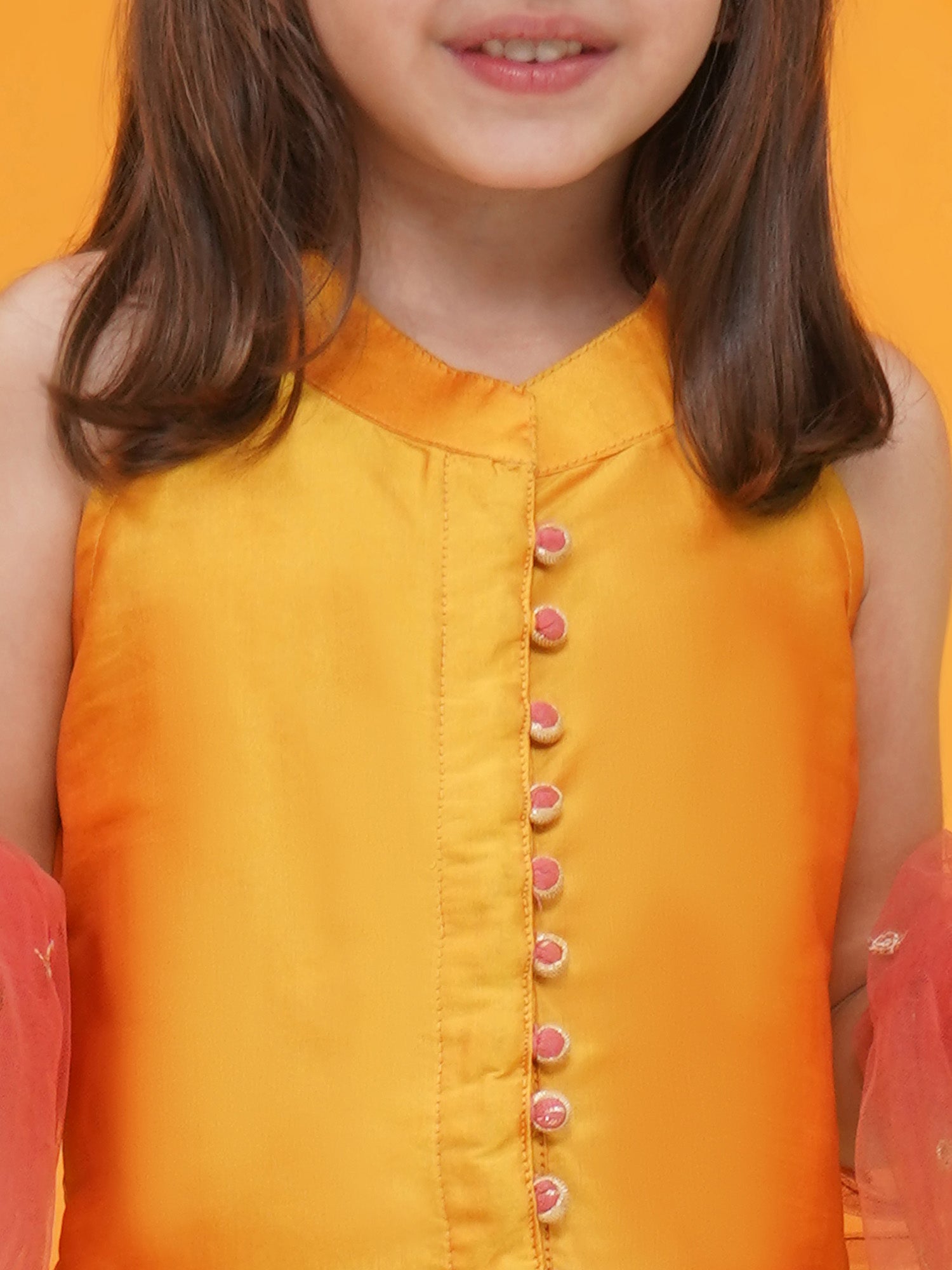 Mustard-Pink Silk Blend Sleeveless Check Pattern Print Indo Western For Girls - AJ Dezines