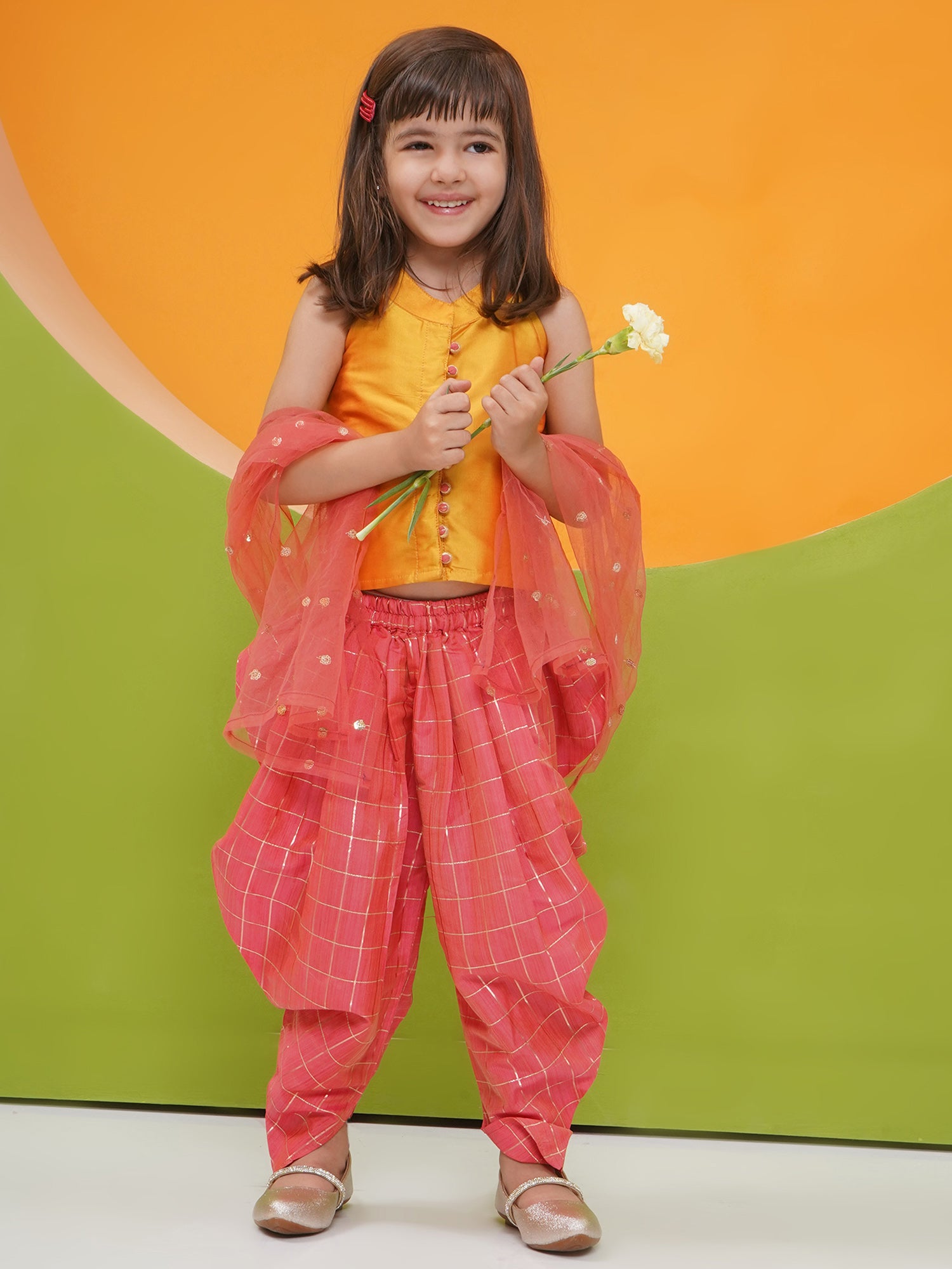 Mustard-Pink Silk Blend Sleeveless Check Pattern Print Indo Western For Girls - AJ Dezines