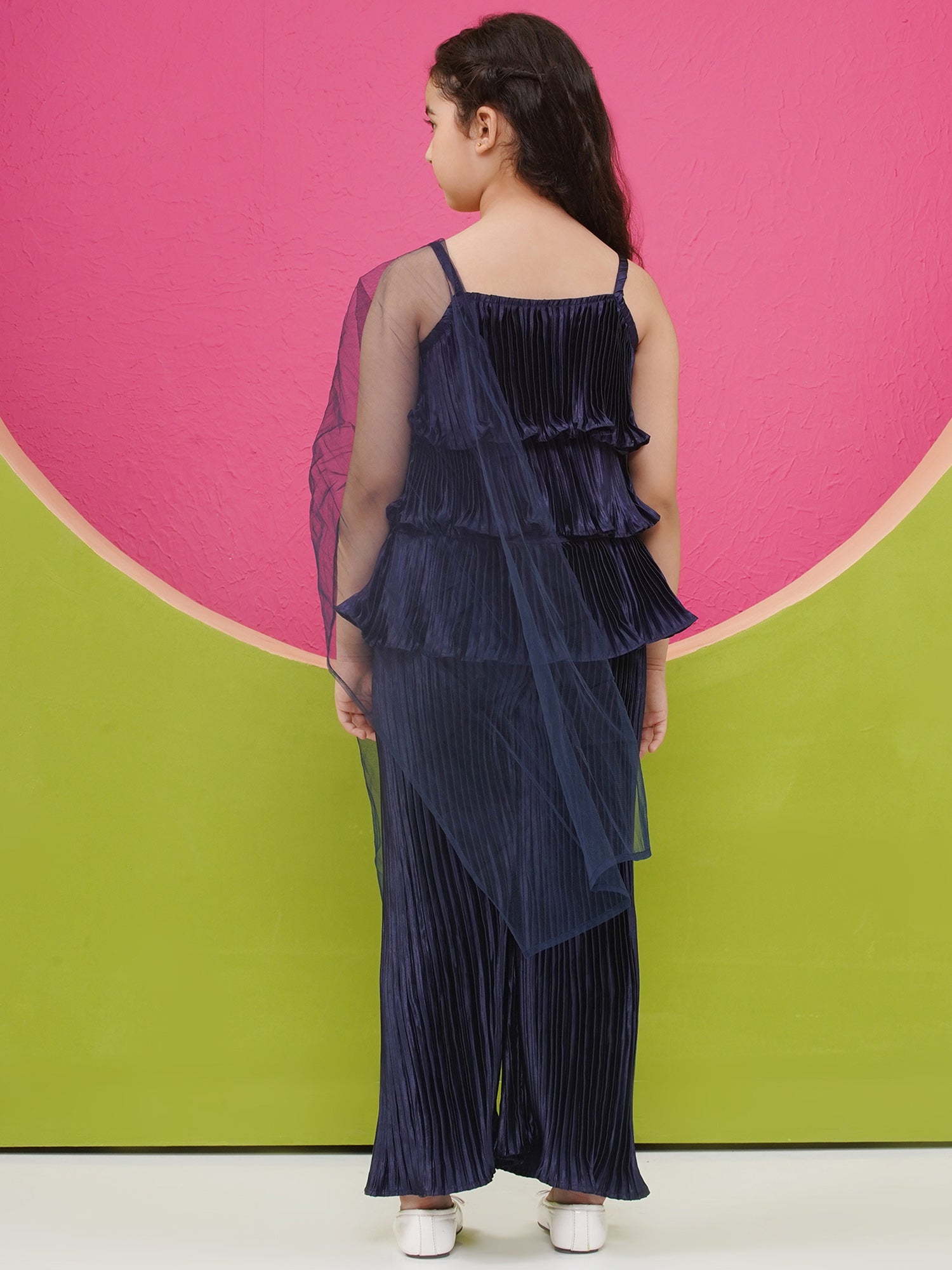 Satin Dark Blue Sleeveless Indo Western with dupatta for Girls - AJ Dezines