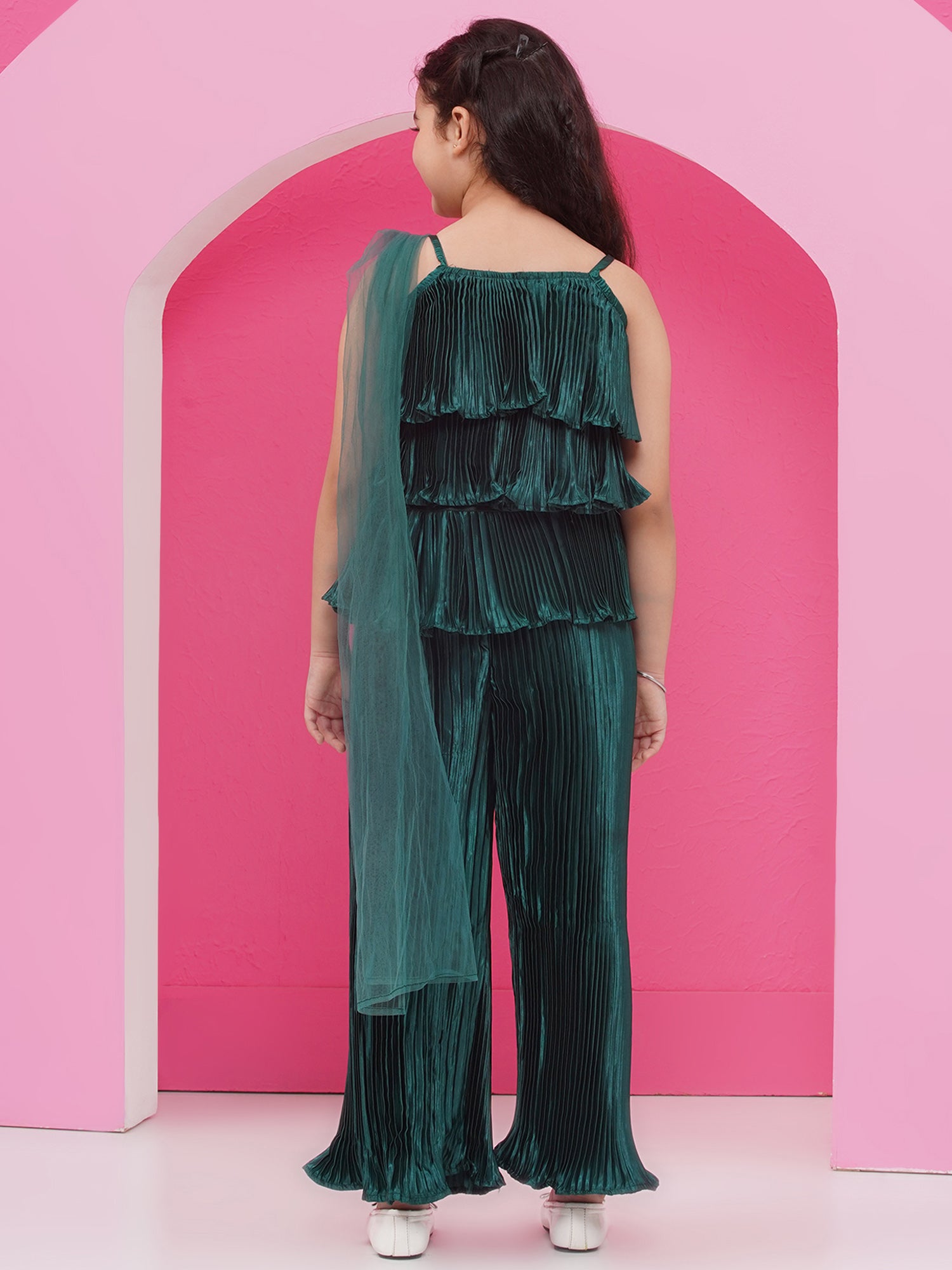 Satin Dark Green Sleeveless Indo Western with dupatta for Girls - AJ Dezines