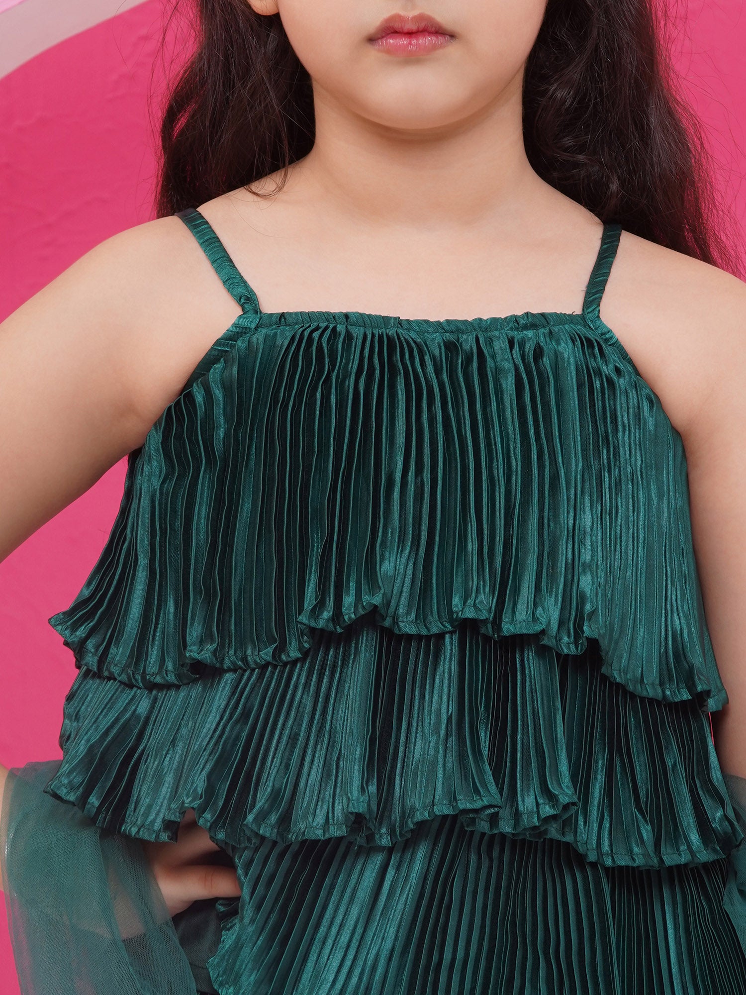 Satin Dark Green Sleeveless Indo Western with dupatta for Girls - AJ Dezines