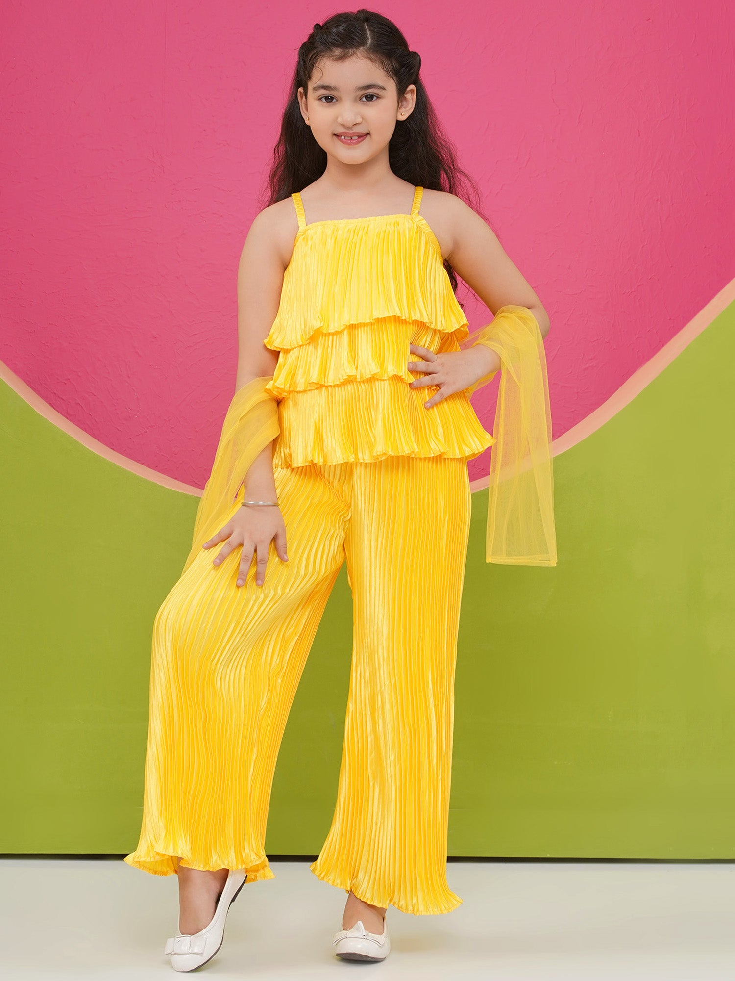 Satin Yellow Sleeveless Indo Western with dupatta for Girls - AJ Dezines