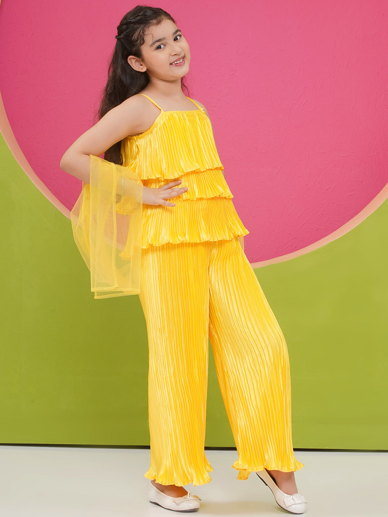 Satin Yellow Sleeveless Indo Western with dupatta for Girls - AJ Dezines