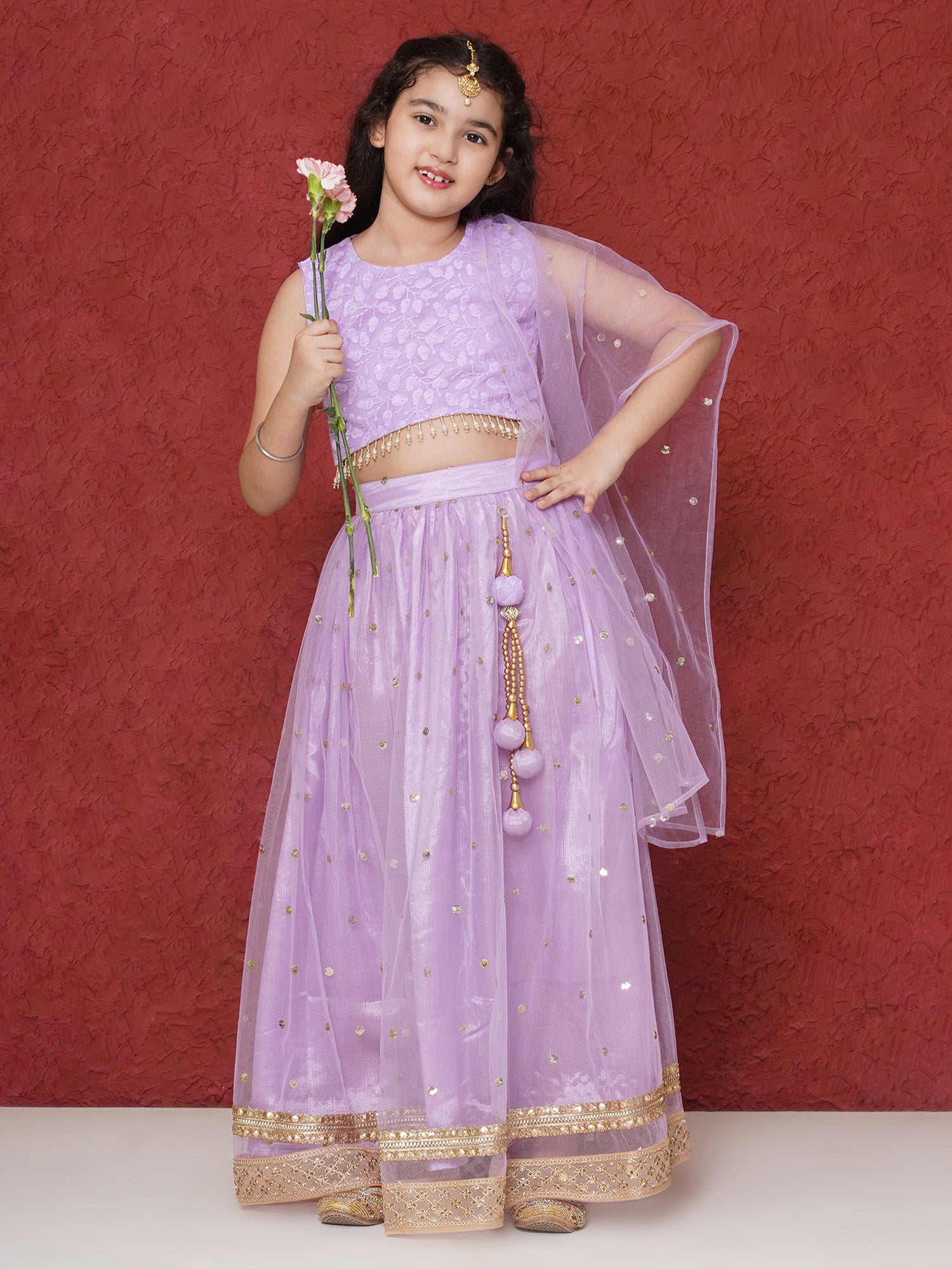 Lavender Schiffli Sleeveless Sequence Lehenga Choli For Girls - AJ Dezines