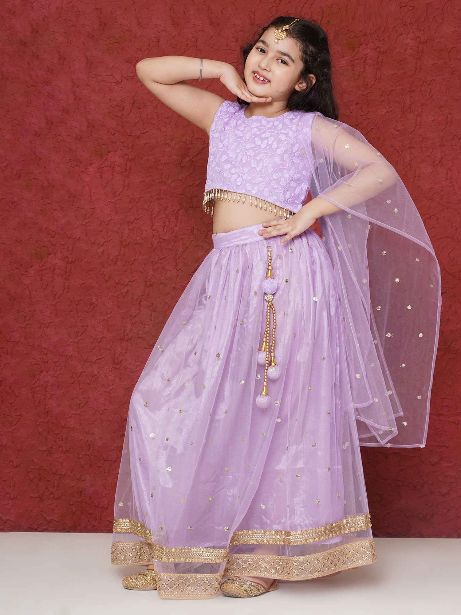 Lavender Schiffli Sleeveless Sequence Lehenga Choli For Girls - AJ Dezines