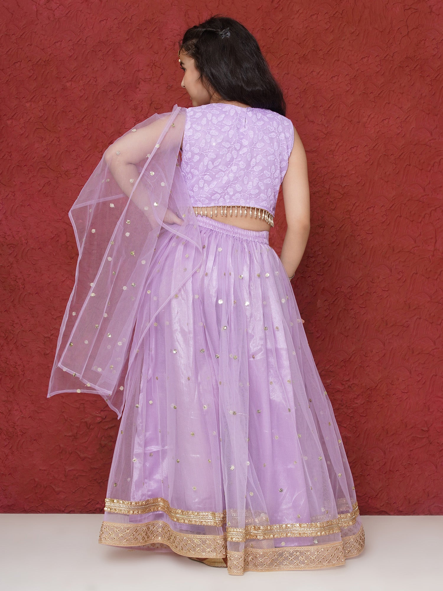 Lavender Schiffli Sleeveless Sequence Lehenga Choli For Girls - AJ Dezines