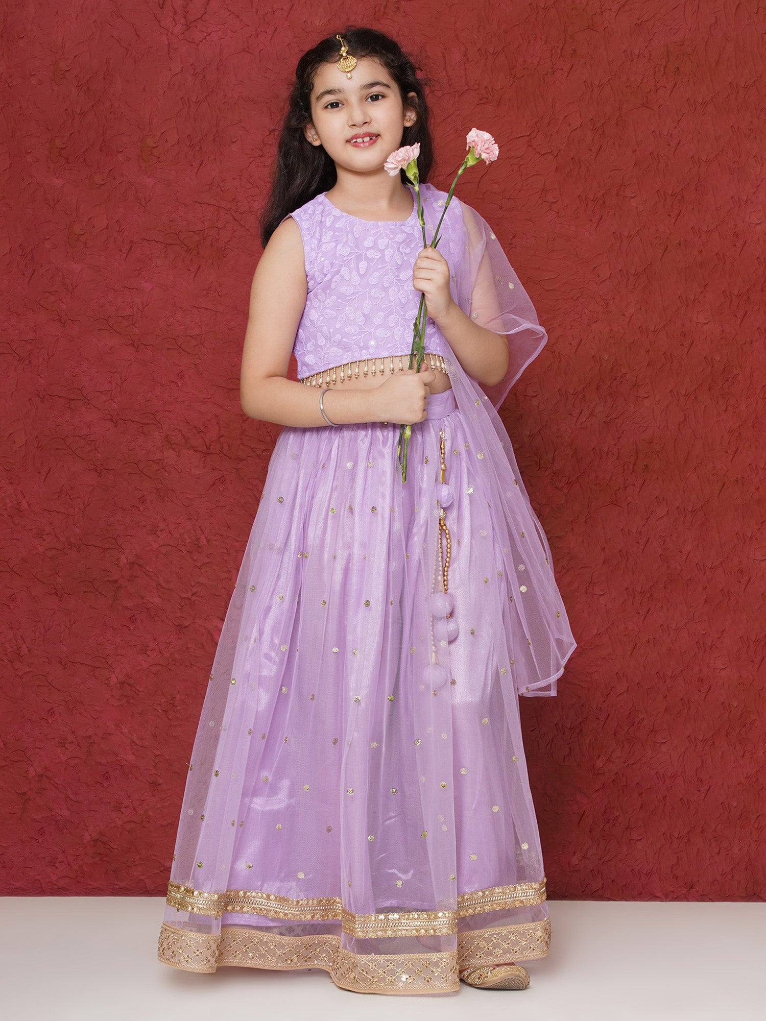 Lavender Schiffli Sleeveless Sequence Lehenga Choli For Girls - AJ Dezines