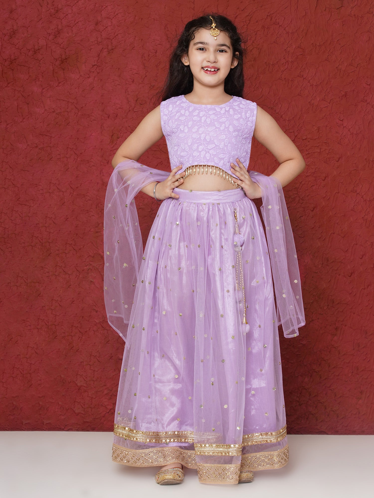 Lavender Schiffli Sleeveless Sequence Lehenga Choli For Girls - AJ Dezines