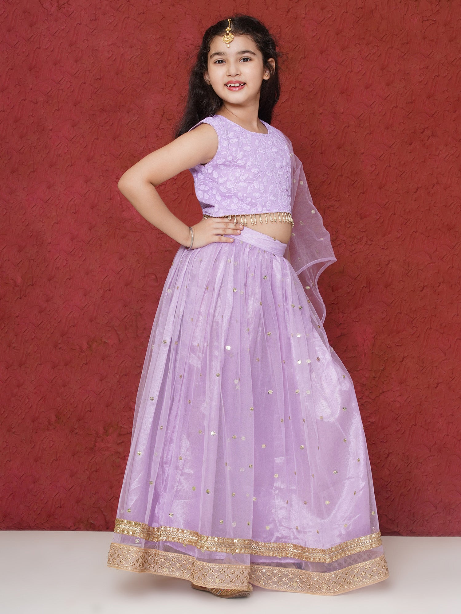 Lavender Schiffli Sleeveless Sequence Lehenga Choli For Girls - AJ Dezines