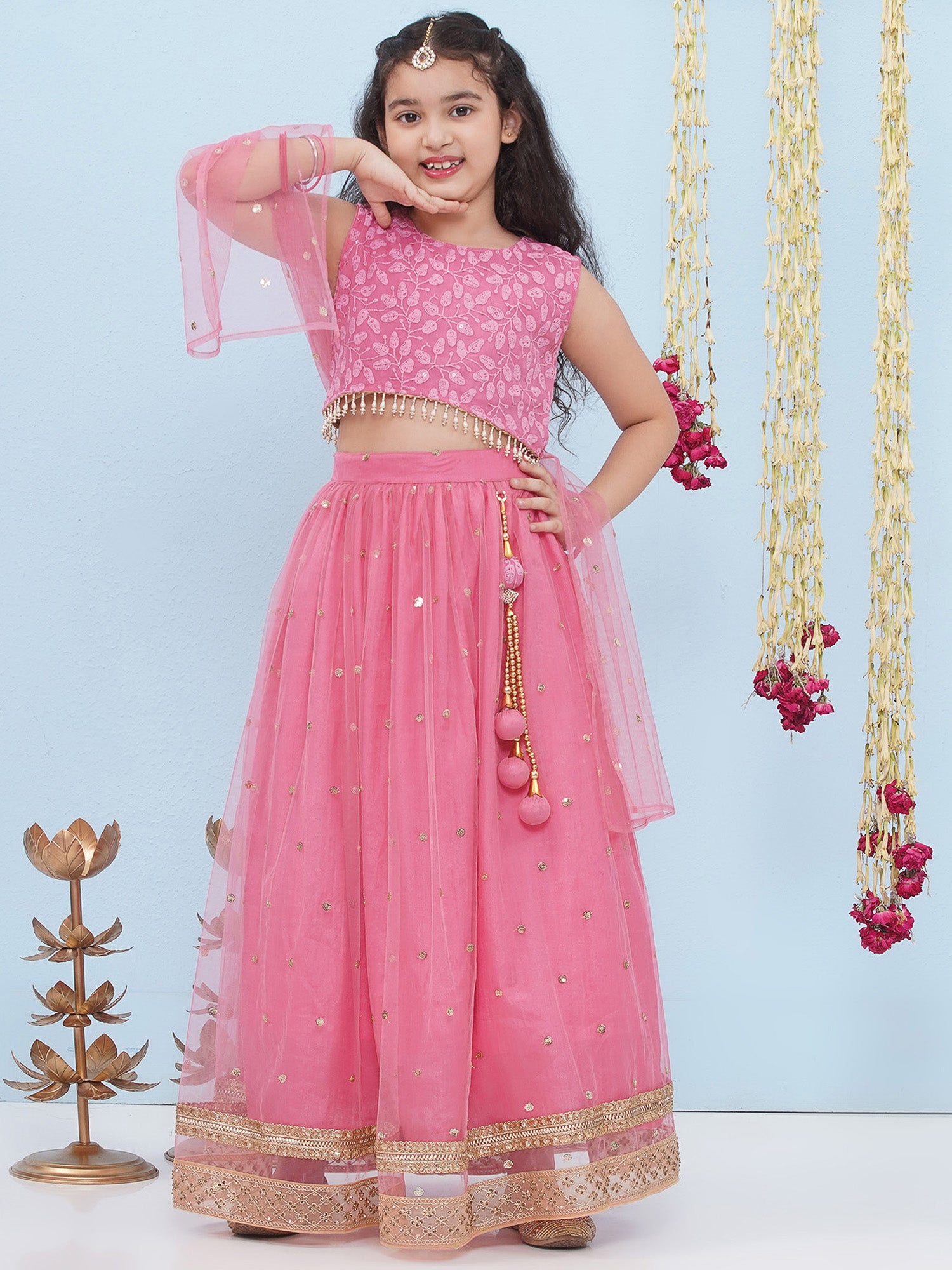 Pink Schiffli Sleeveless Sequence Lehenga Choli For Girls - AJ Dezines