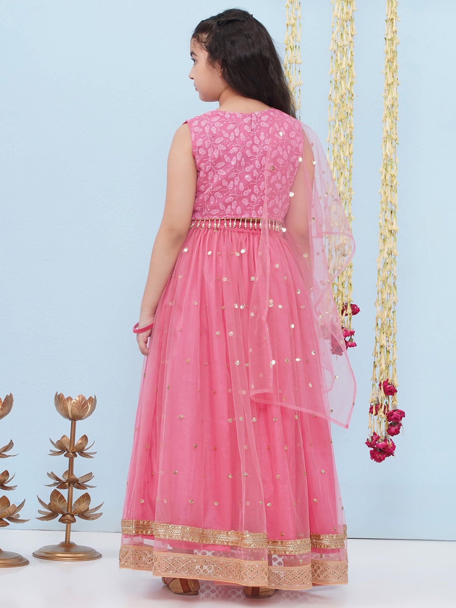 Pink Schiffli Sleeveless Sequence Lehenga Choli For Girls - AJ Dezines