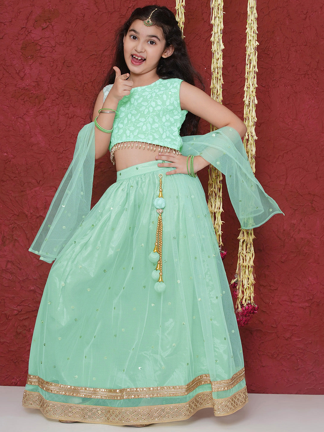 Pista Schiffli Sleeveless Sequence Lehenga Choli For Girls - AJ Dezines