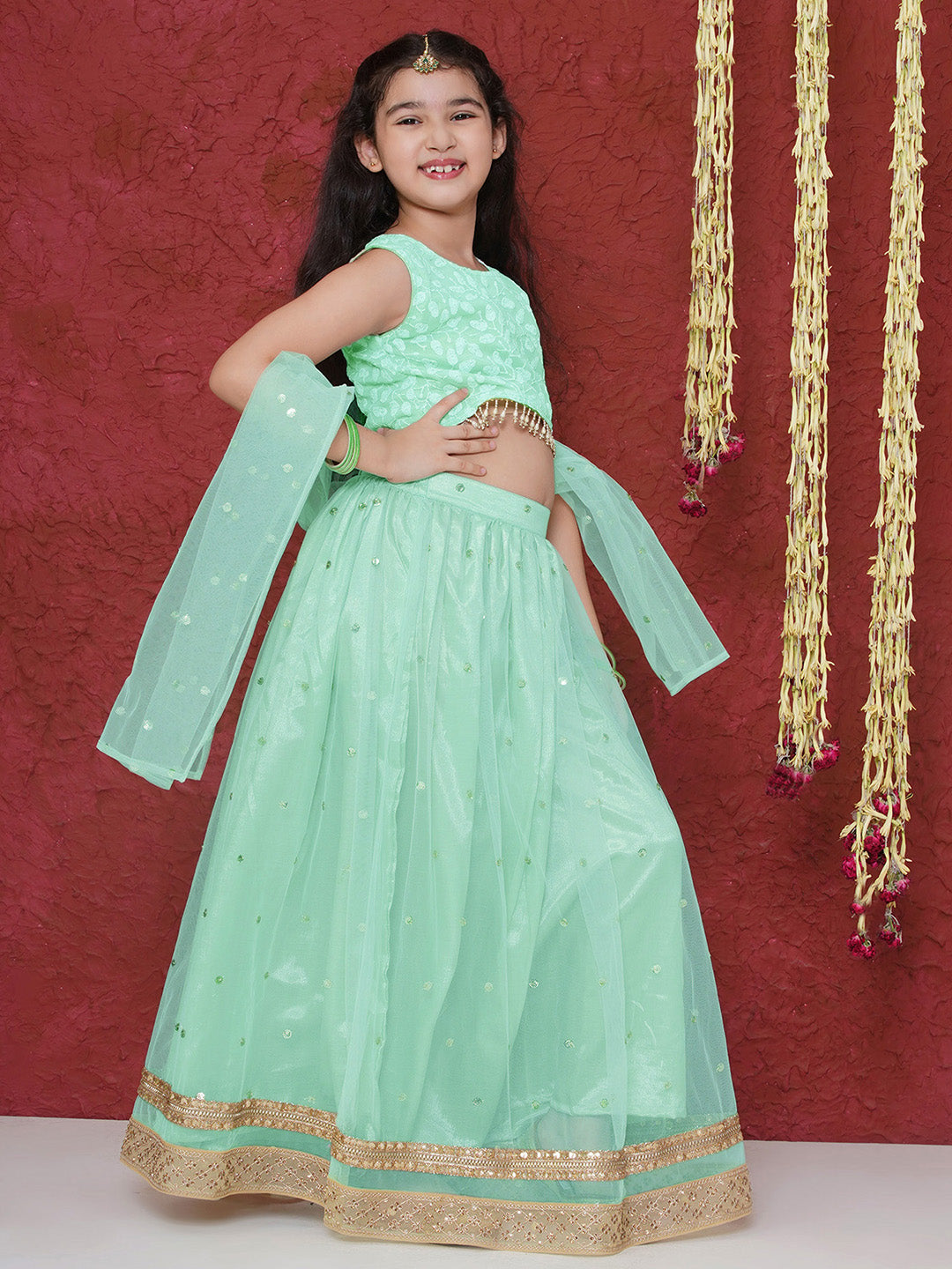 Pista Schiffli Sleeveless Sequence Lehenga Choli For Girls - AJ Dezines