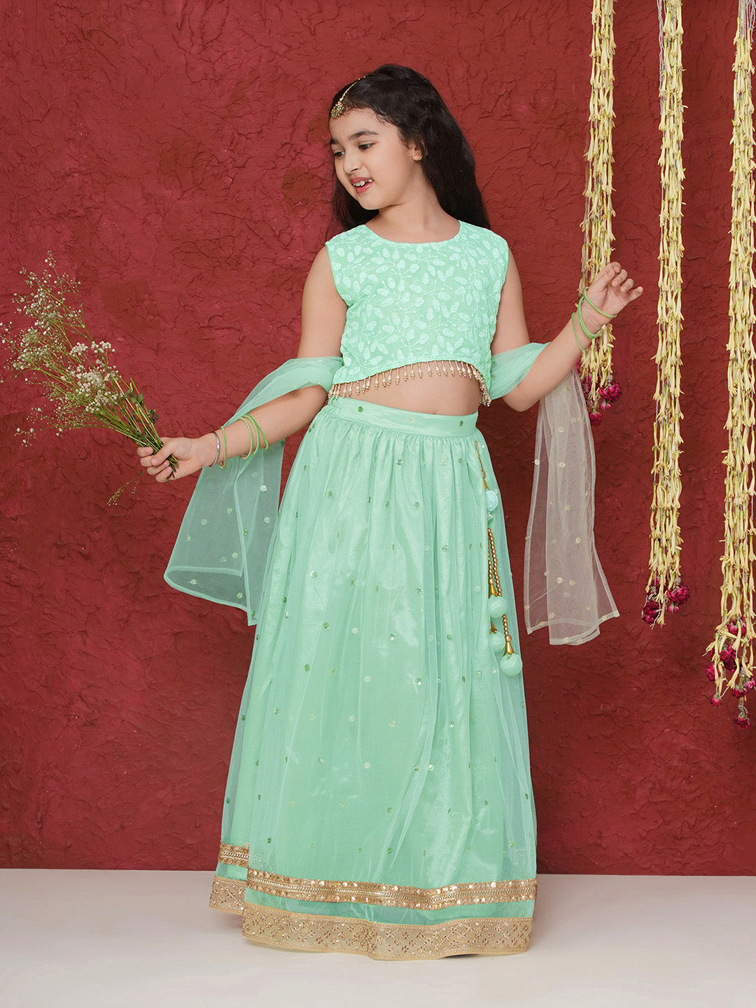 Pista Schiffli Sleeveless Sequence Lehenga Choli For Girls - AJ Dezines