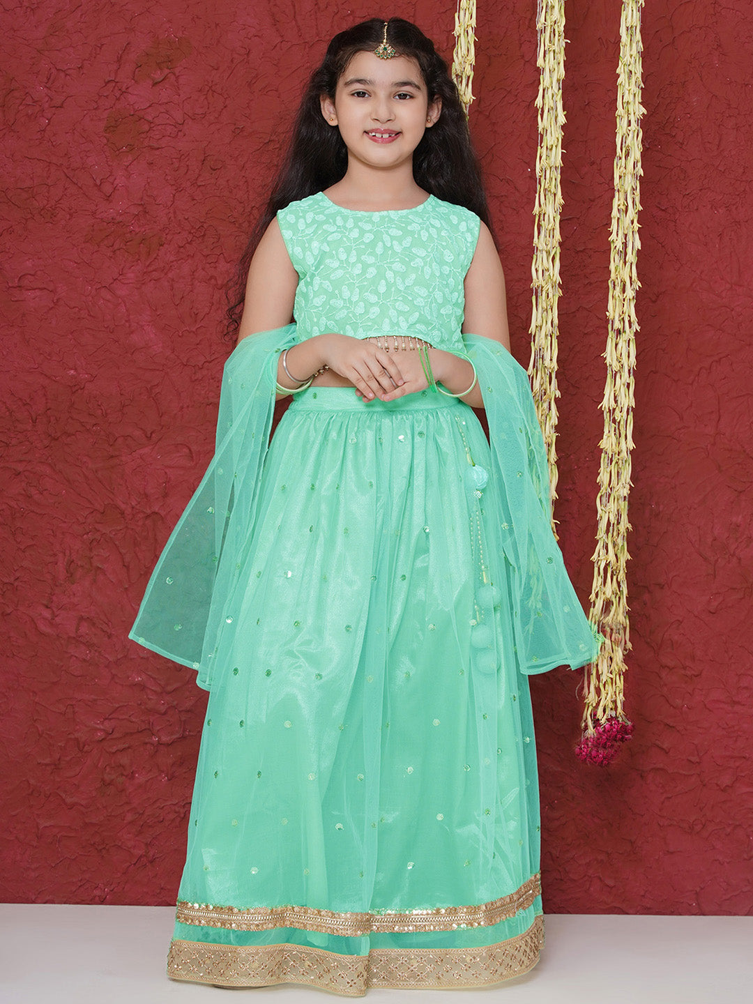 Pista Schiffli Sleeveless Sequence Lehenga Choli For Girls - AJ Dezines