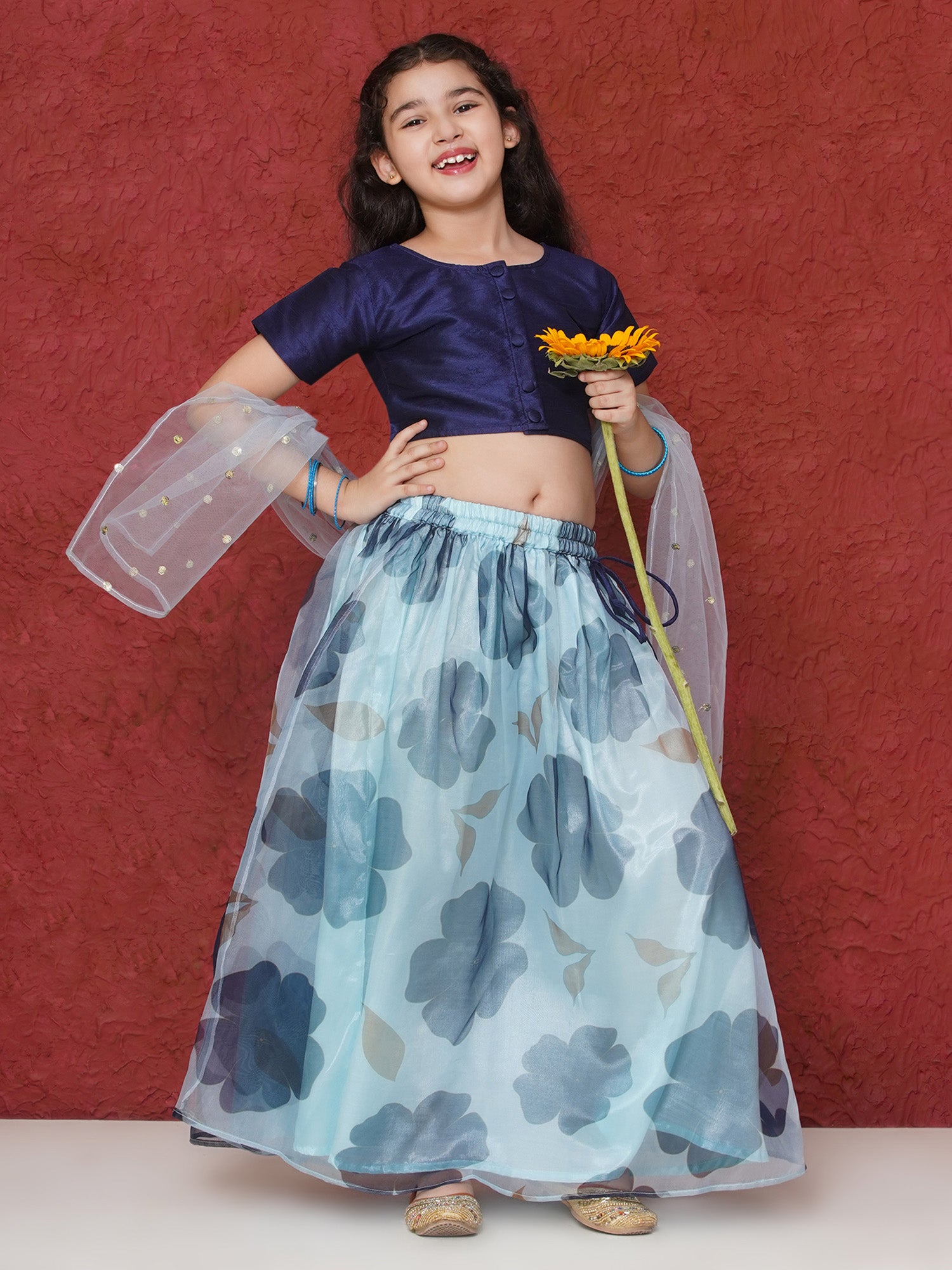 Dark Blue Organza Half Sleeves Floral Print Lehenga Choli For Girls - AJ Dezines