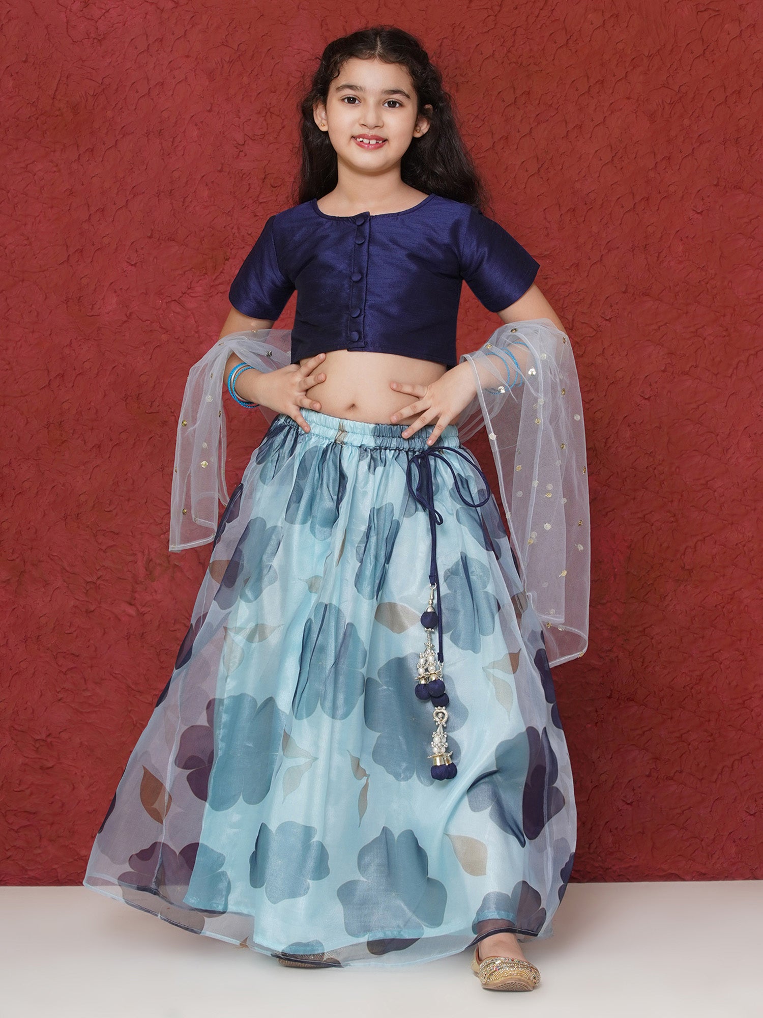 Dark Blue Organza Half Sleeves Floral Print Lehenga Choli For Girls - AJ Dezines